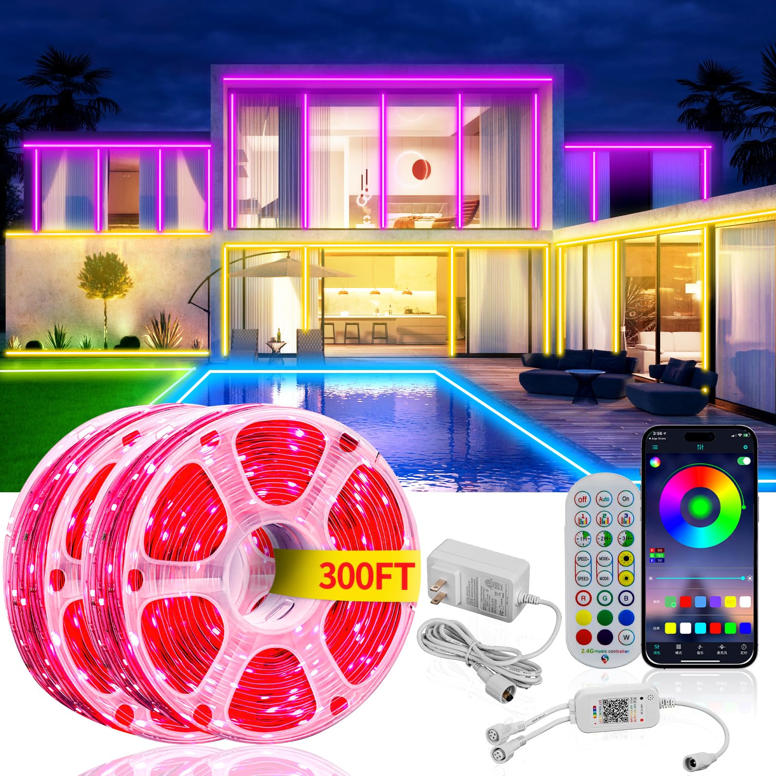 300ft Outdoor Led Strip Lights Waterproof IP68 with Self-Adhesive, Music Sync,Wireless Remote & App Control,RGB Color Changing Exterior Led Rope Lights for Halloween Decorations, Christmas