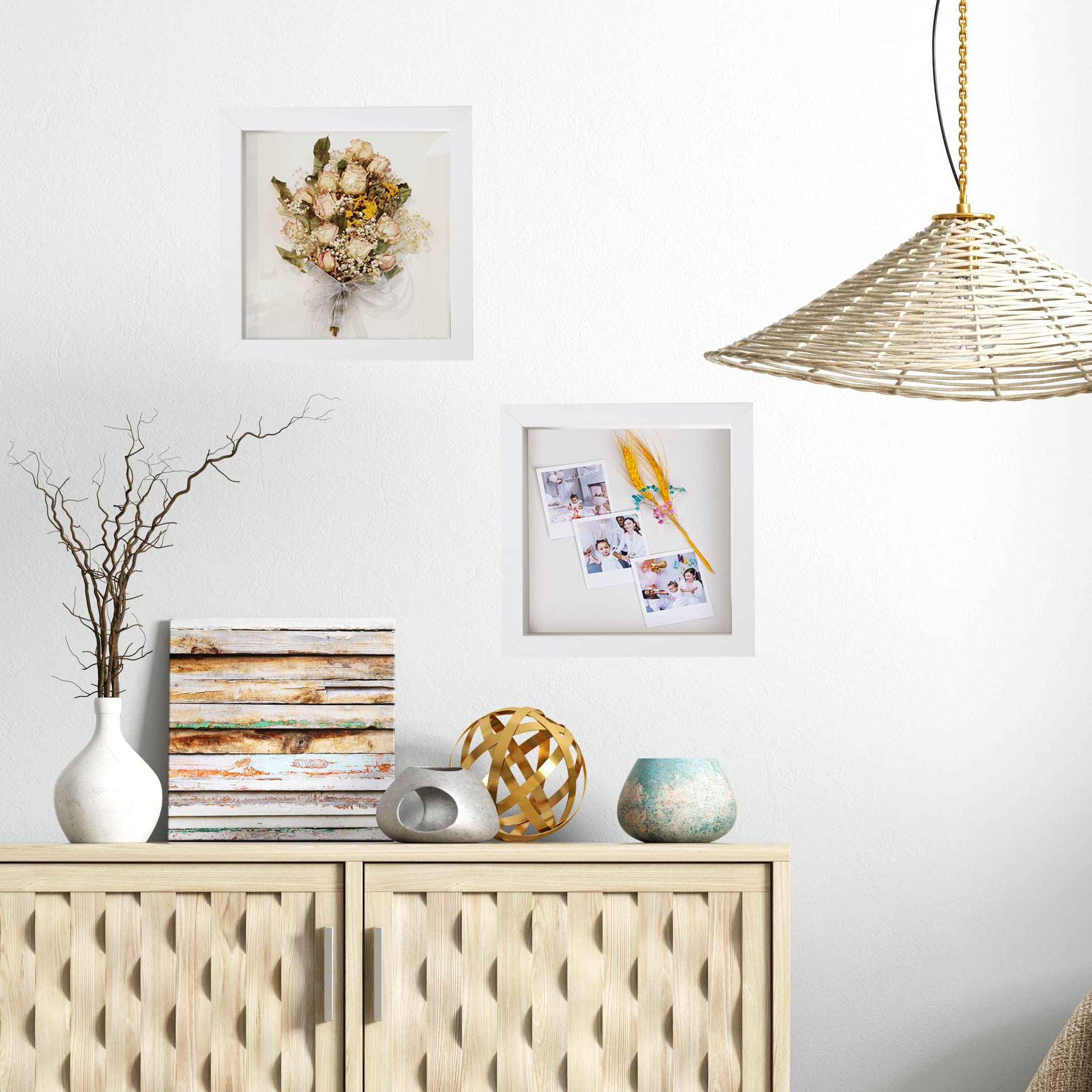 FrameWorks 8â€? x 8â€? White Wooden Shadow Box Frame (3-Pack) â€“ Soft Felt Back, Tempered Glass, and Included Elegant White Ball Push Pins