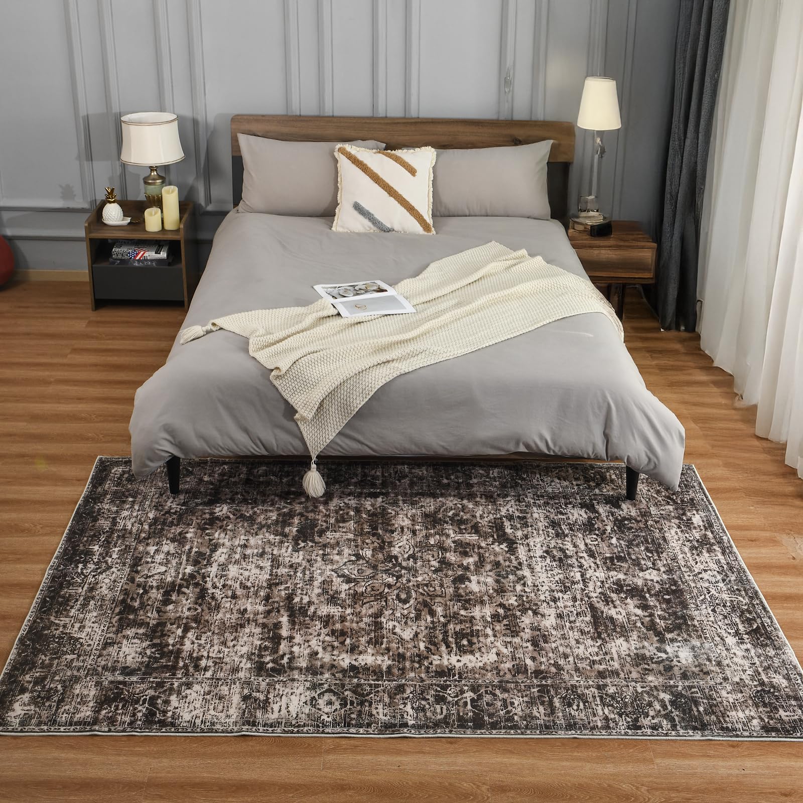 Washable Area Rug 4x6 – Soft Vintage Brown Distressed Carpet for Bedroom, Living Room, Entryway, Kitchen, or Office – Low Pile Indoor Mat for Home