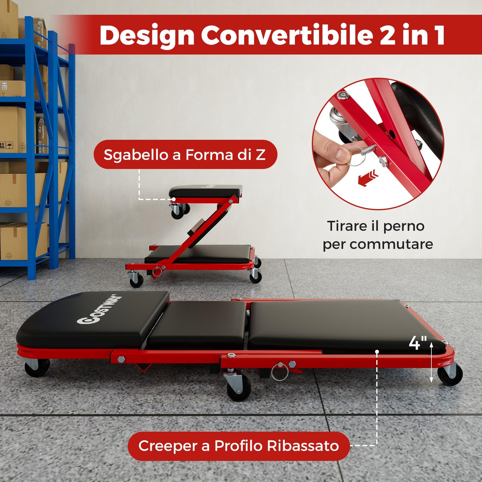 COSTWAY 2 in 1 Sgabello da Officina a Forma di Z, Carrello Meccanico sotto Auto con Sedile Imbottito e Ruote Girevoli a 360°, Portata 150 kg, per Garage e Officina (Nero)