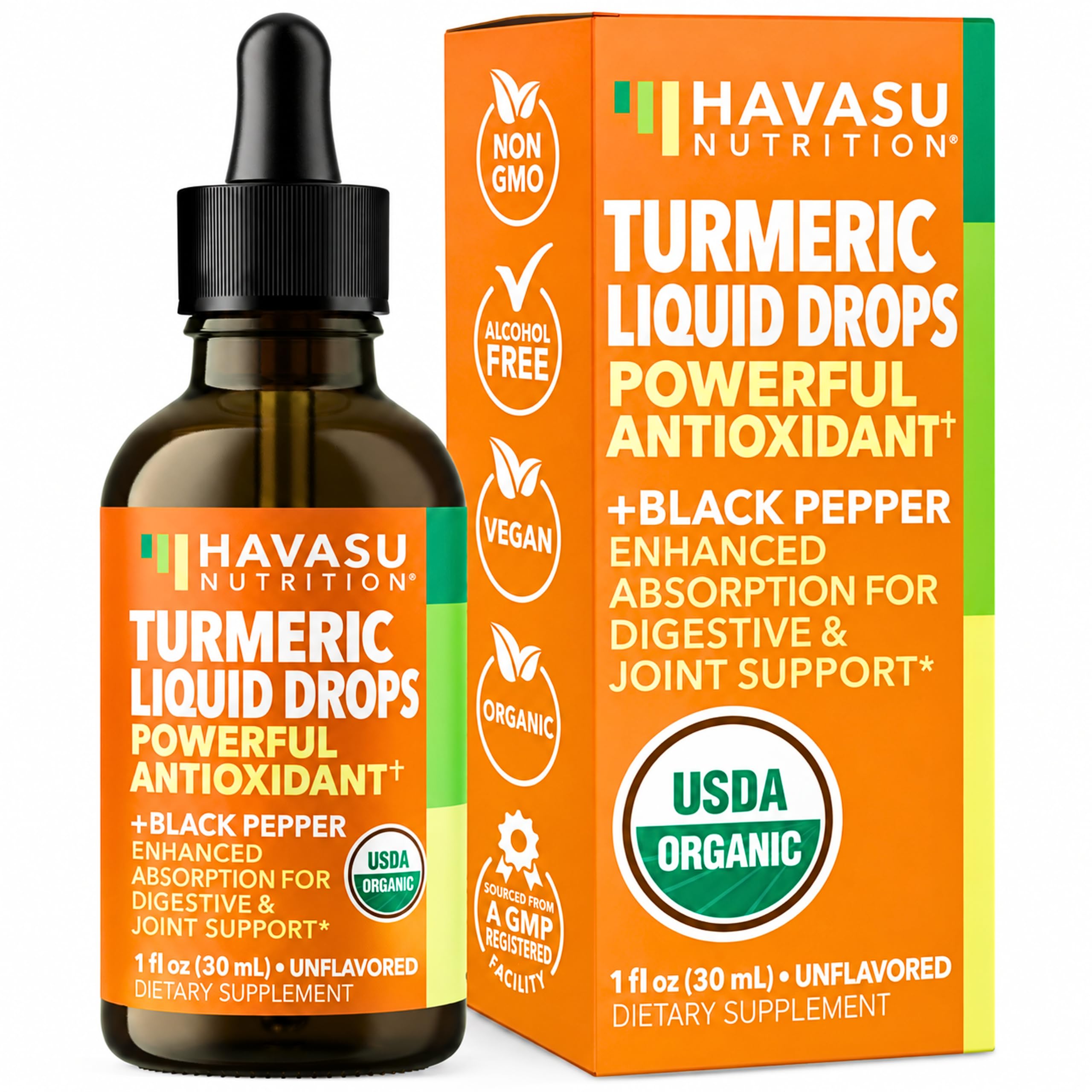 USDA gouttes de liquide curcuma biologique avec poivre noir - 1000mg Curcumin supplément pour la santé immunitaire et digestive - 30 portions - Absorption améliorée - Non-OGM, végétalien, sans gluten - Non aromatisé, 1 Fl Oz
