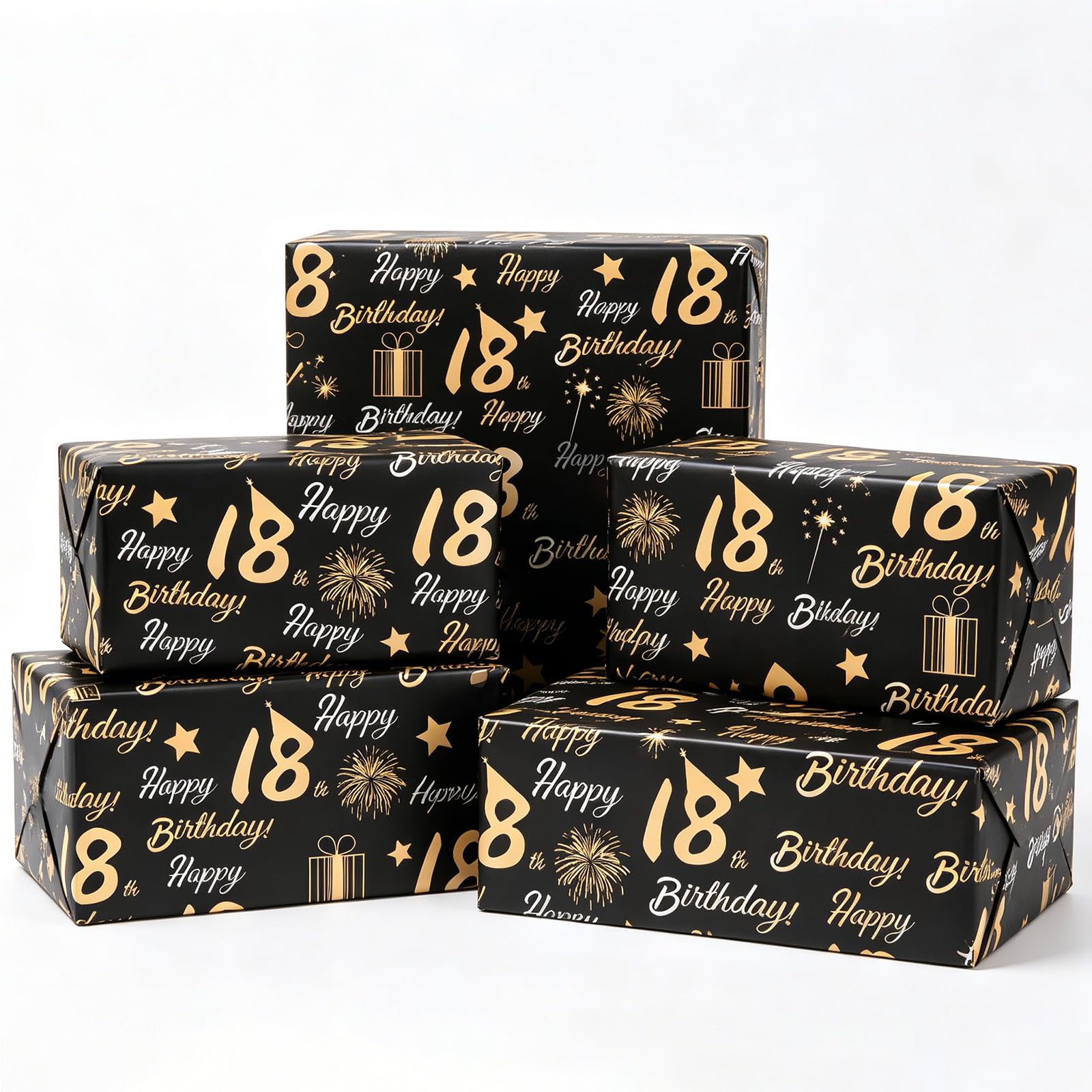 Hjvvr 18th Birthday Wrapping Paper, 5 Sheets Black Gold Gift Wrap Paper with Happy Birthday Print, 50x70cm Wrapping Paper for 18 Year Old Birthday Party Gifts