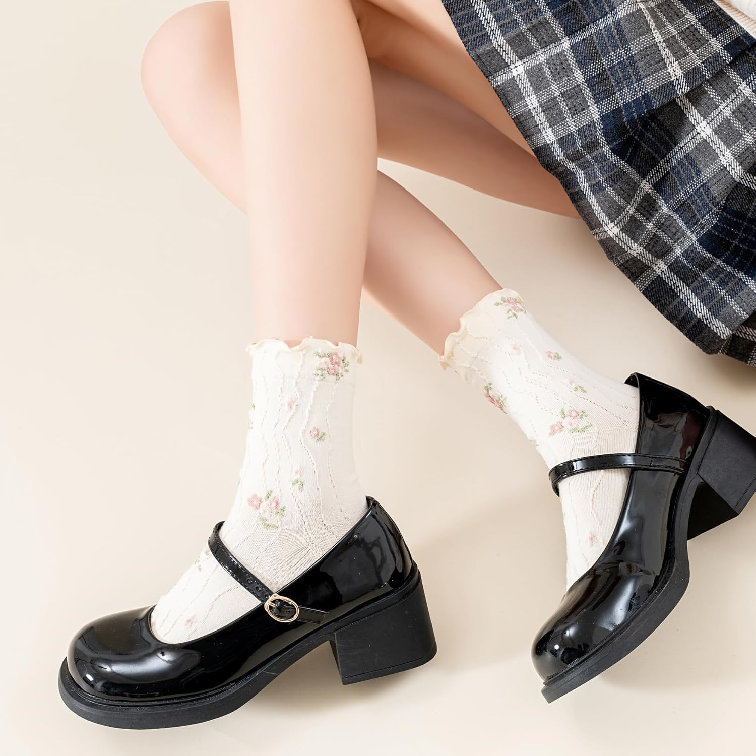 Womens Ruffle Crew Socks Vintage Patterned Ankle Casual Fashion Dress Sock Cute Lettuce Floral Socks 5/6 Pack - Image 7