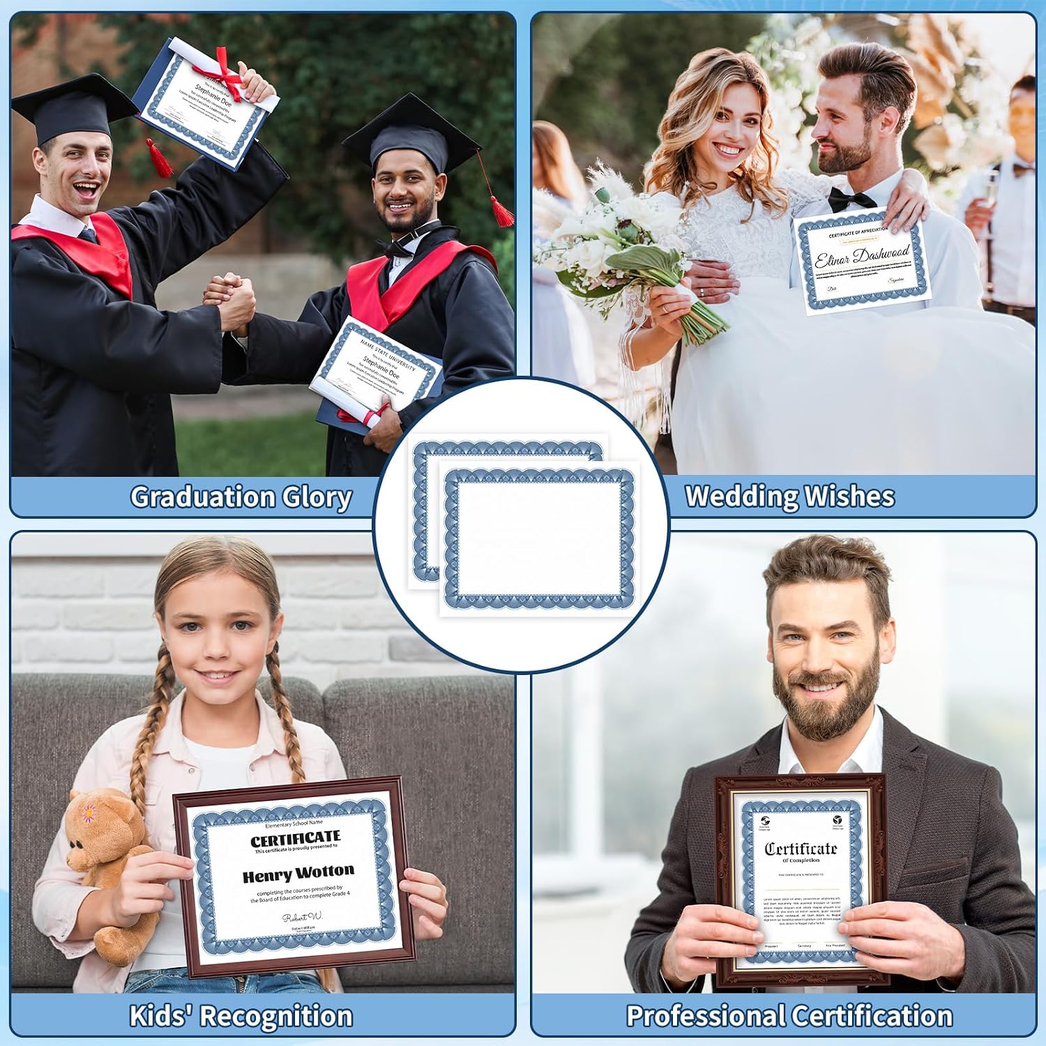 200 PCS Certificate Paper 8.5 x 11 for Printing, Customizable Blank Award Certificates, Diploma Paper with Border for Graduation, Achievement Award, Recognition Document, Navy Blue Floral