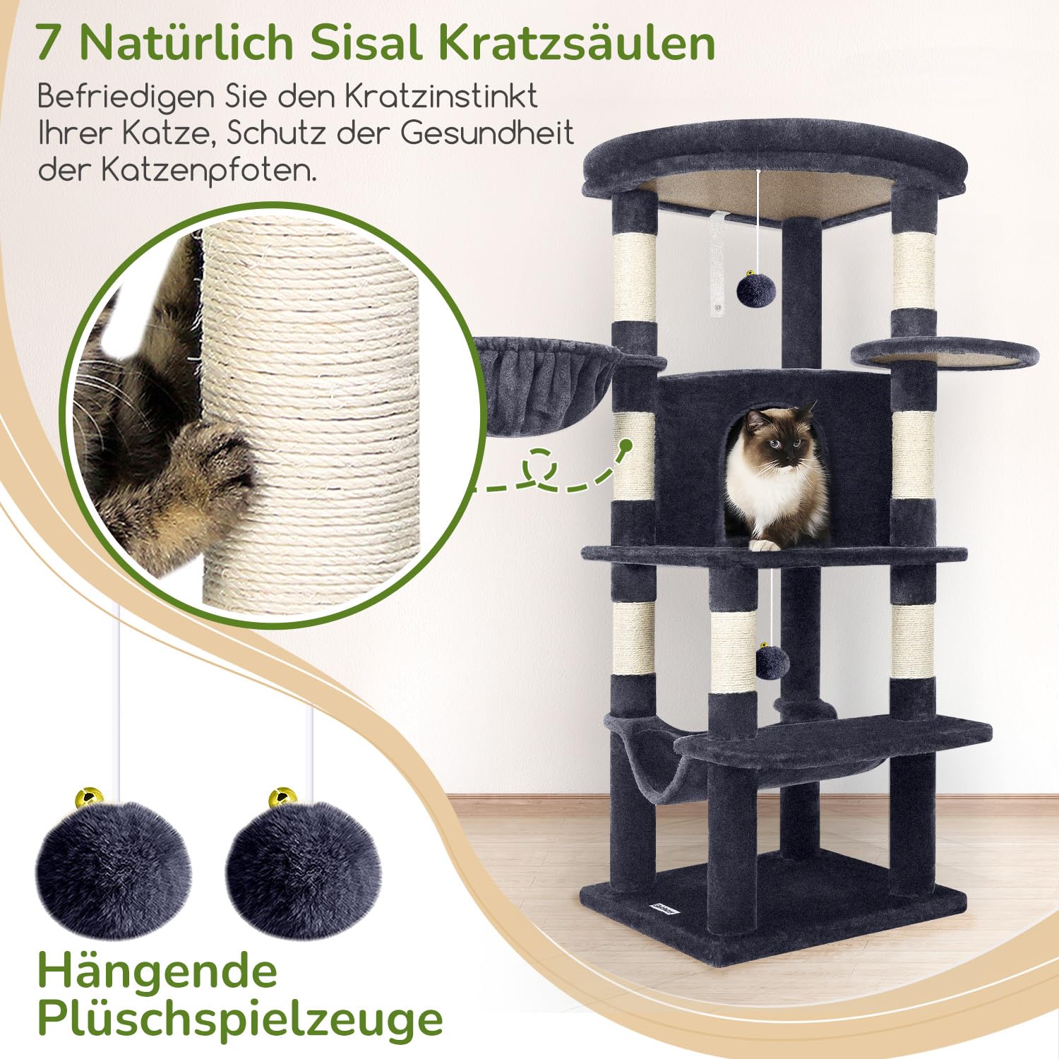 Globlazer Kratzbaum Große, Kratzbaum Stabil Passform Ecke mit Groß Katzenhaus 90° Sektor Gepolsterte Plattform Hängematte Weich Korb, Katzenbaum hoch 130 cm für Mehrere Groß Katzen (C51, Dunkelgrau)