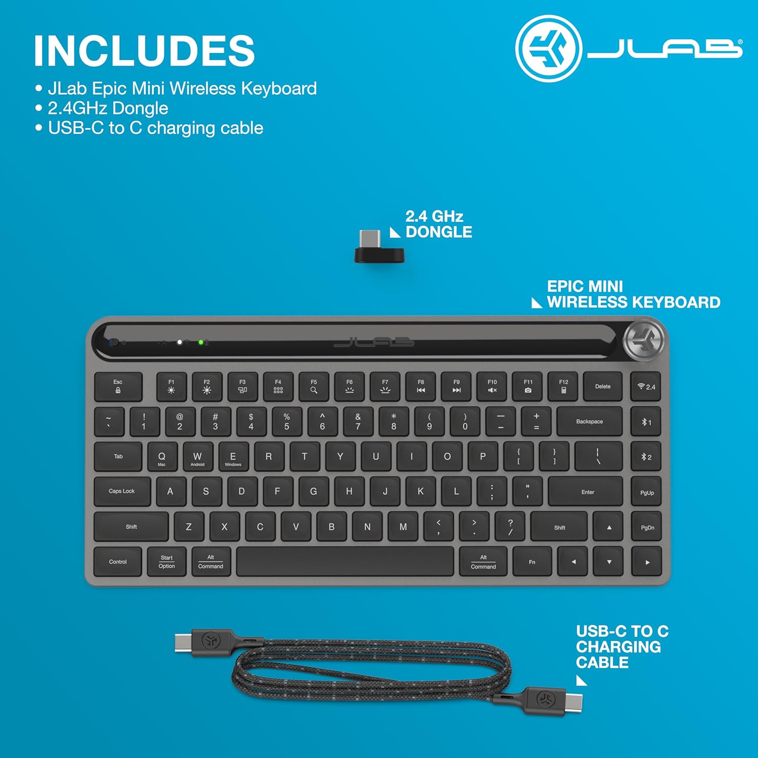 JLab Epic Mini Wireless Keyboard, Black, 108 Keys, Connect Via Bluetooth or USB Wireless Dongle, Multi-Device Toggle, Soft Touch Keys, Smart Media Knob, Custom User Profiles, Rechargeable (1 Pack)