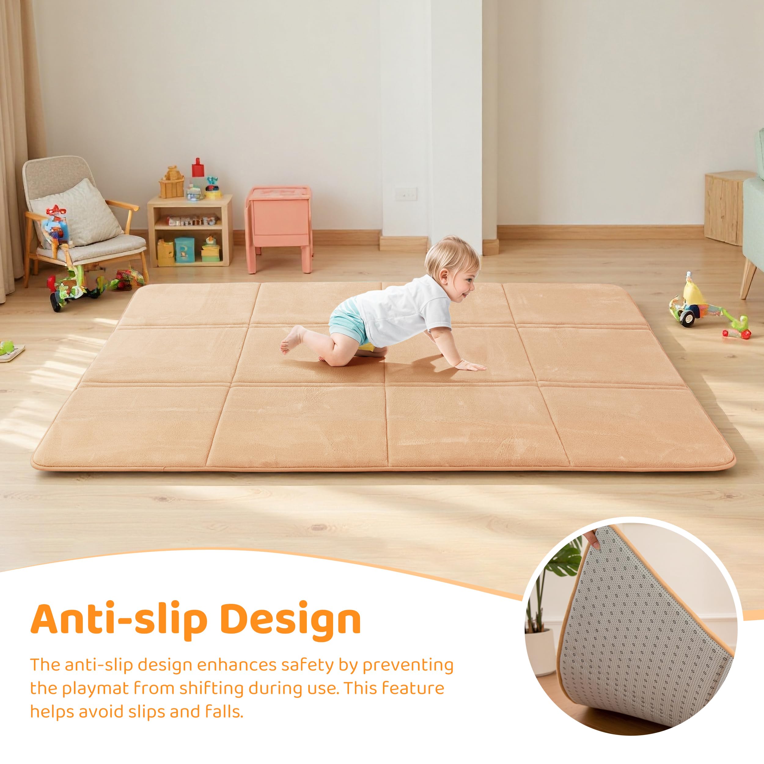 BYBYME Tappetino da gioco pieghevole da 3 cm di spessore, 150 x 200 cm, con fondo antiscivolo, morbido tappetino in memory foam per neonati, bambini e bambini, ideale per soggiorno e yoga, marrone