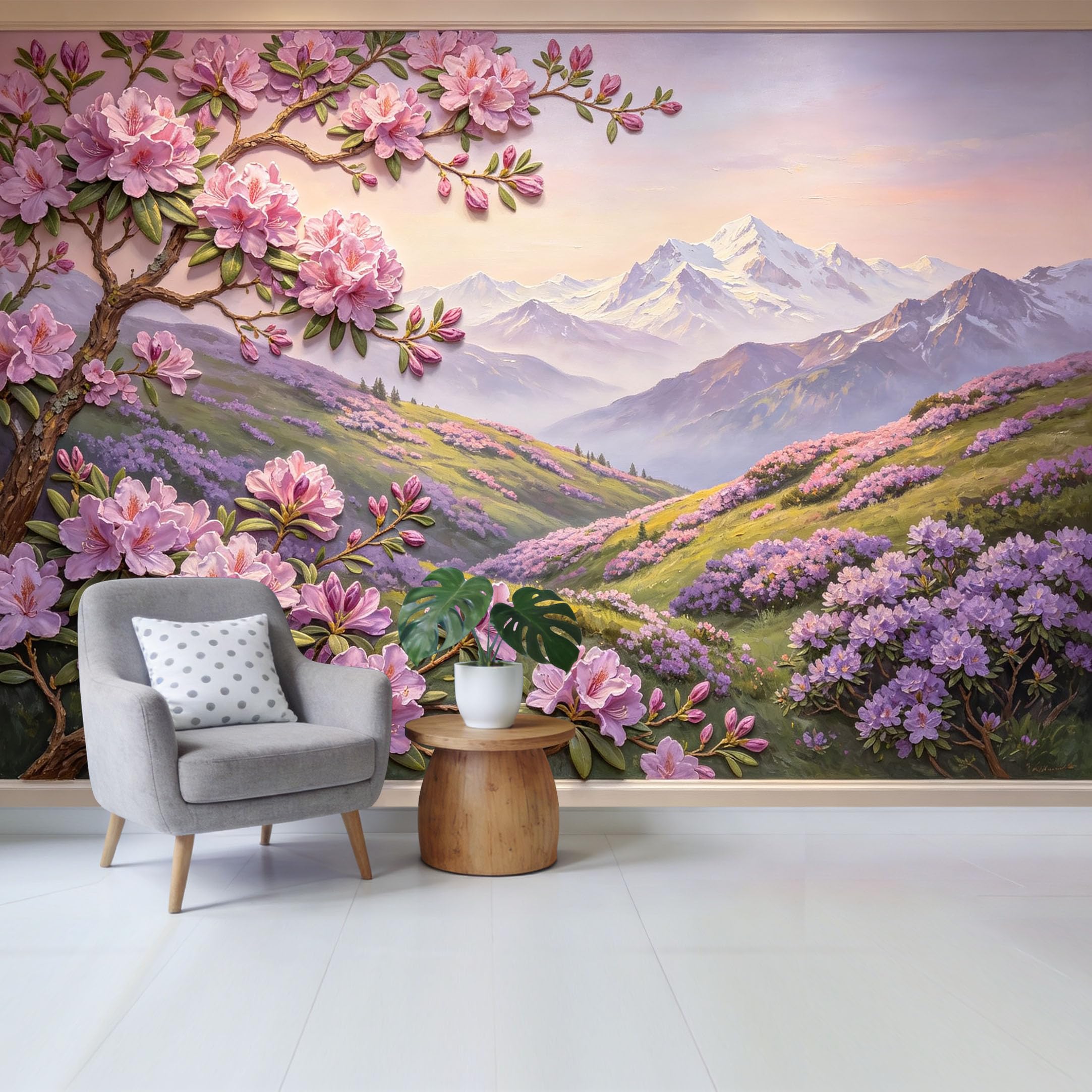 Qzlithotic Yq2605251050 Custom Size Wall Mural Pink Rhododendron Flowers Blooming Mountain Landscape Oil Painting Selfadhesive Wall Fabric Removable Wallpaper For Home Office Decor