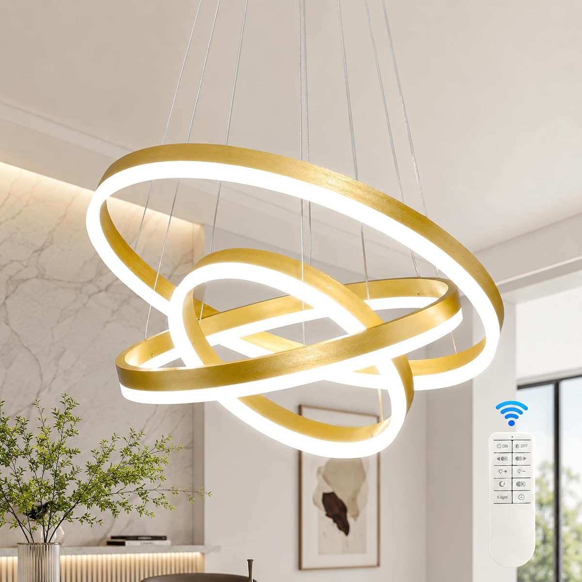Modern Gold Led Chandelier 3 Rings Gold Dimmable LED Chandeliers Light Fixture for Kitchen Island Height Adjustable Chandelier Led Pendant Light for Dining Room Bedroom Living Room