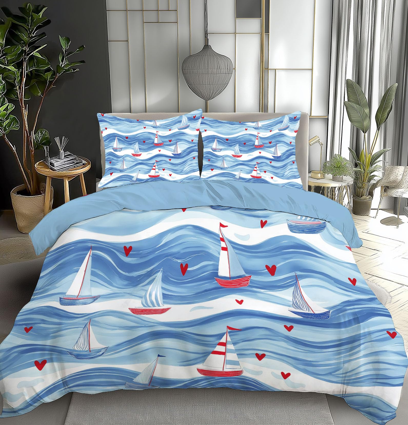 Housse de couette 200x200 aquarelle bleu clair lit 2 personnes motif vagues