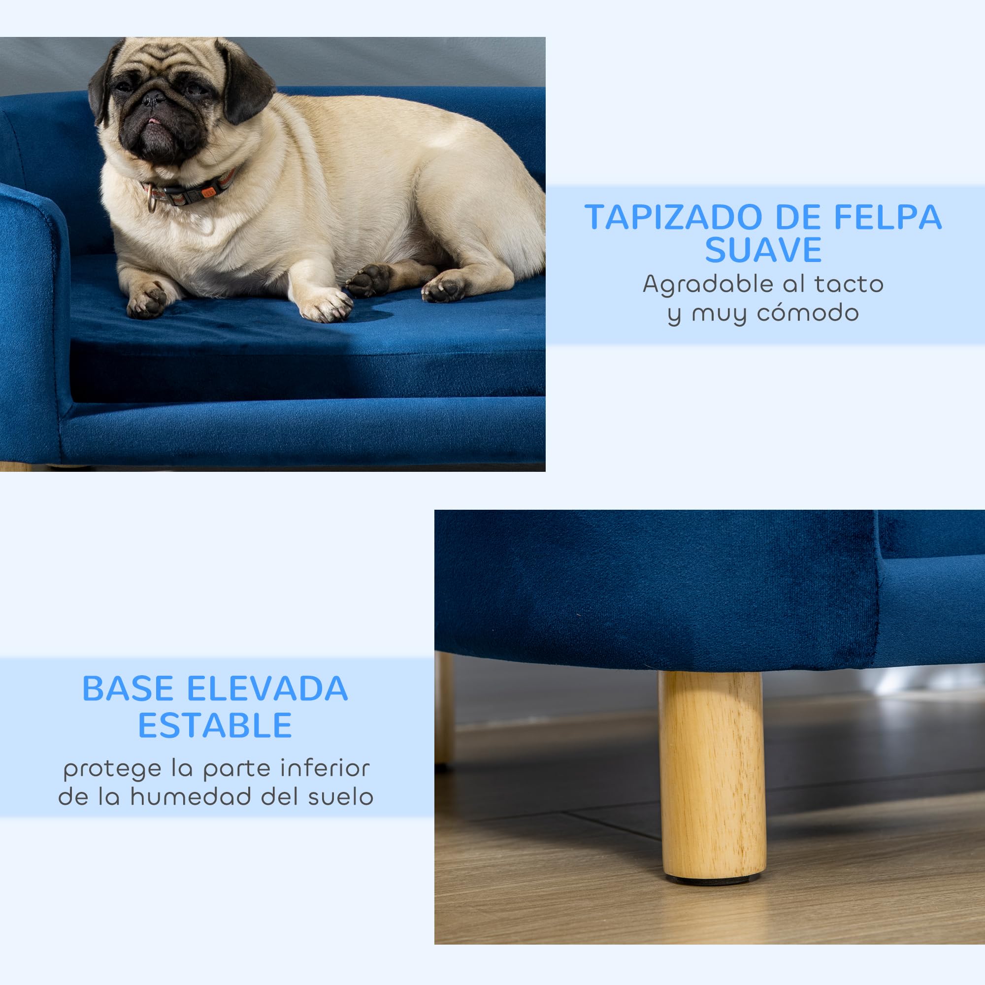 PawHut Sofá para Perros Pequeños, Cama para Perros Elevada con Patas de Madera, Cojín Desmontable y Funda Lavable, Carga 10 kg, 86x55x33 cm, Azul