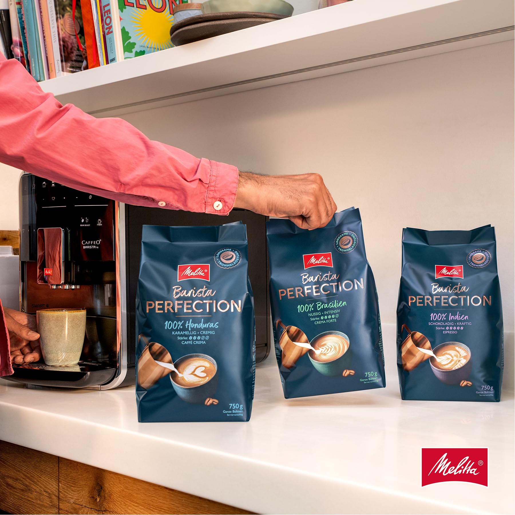 Melitta Barista Perfection 100% Brazylia, Single Origin Crema Forte, całe ziarna kawy, orzechowa, moc 4, 750 g