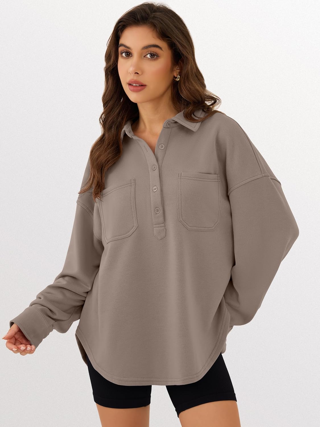 ANRABESS Sweatshirt for Women Oversized Casual Long Sleeve Side Slit Button Lapel Polo Pullover Tunic Tops 2025 Fall Outfits - Image 2