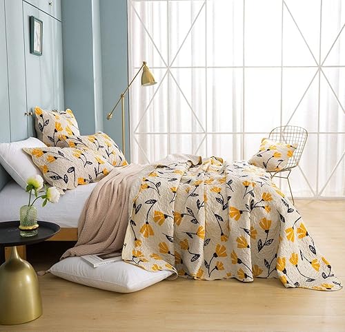 Miniatura 7 de DaDalogy - Juego de colcha acolchada con diseño floral botánico de flores amarillas y doradas, diseño de tulipanes de primavera, bordes festoneados,
