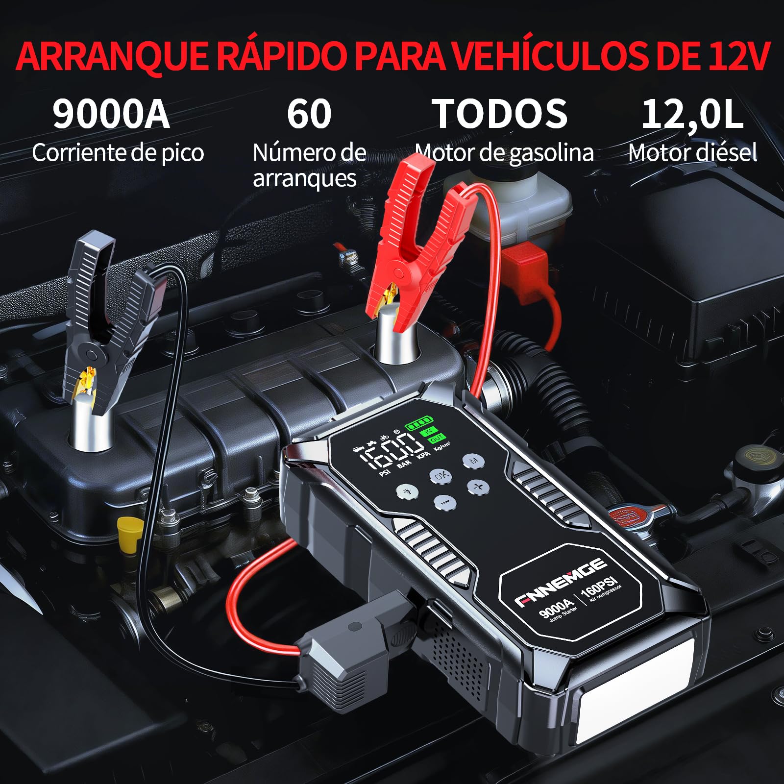 FNNEMGE Arrancador de Coches 9000A 26800mAh con 160PSI Compresor de Aire, Arrancador Batería Coche (para Todos los vehículos de Gasolina o de 12,0L de diésel), con Salida USB, Luz LED, Pantalla HD.
