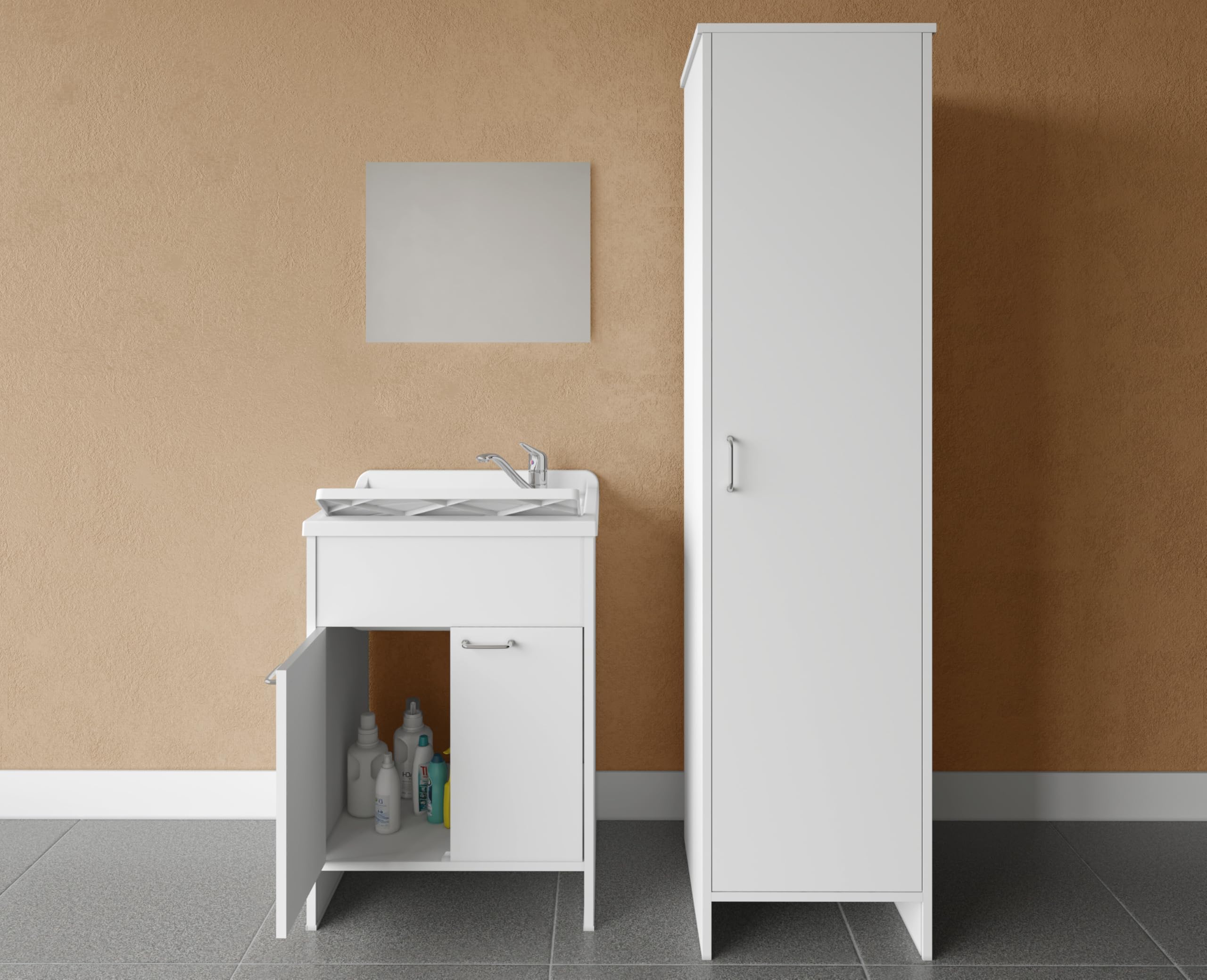 Negrari composizione, Mobile Lavatoio + Specchio + Colonna in Resina, Resistente all'umidità, Vasca resistente agli acidi, Kit di scarico incluso, Interno e Esterno, Bianco