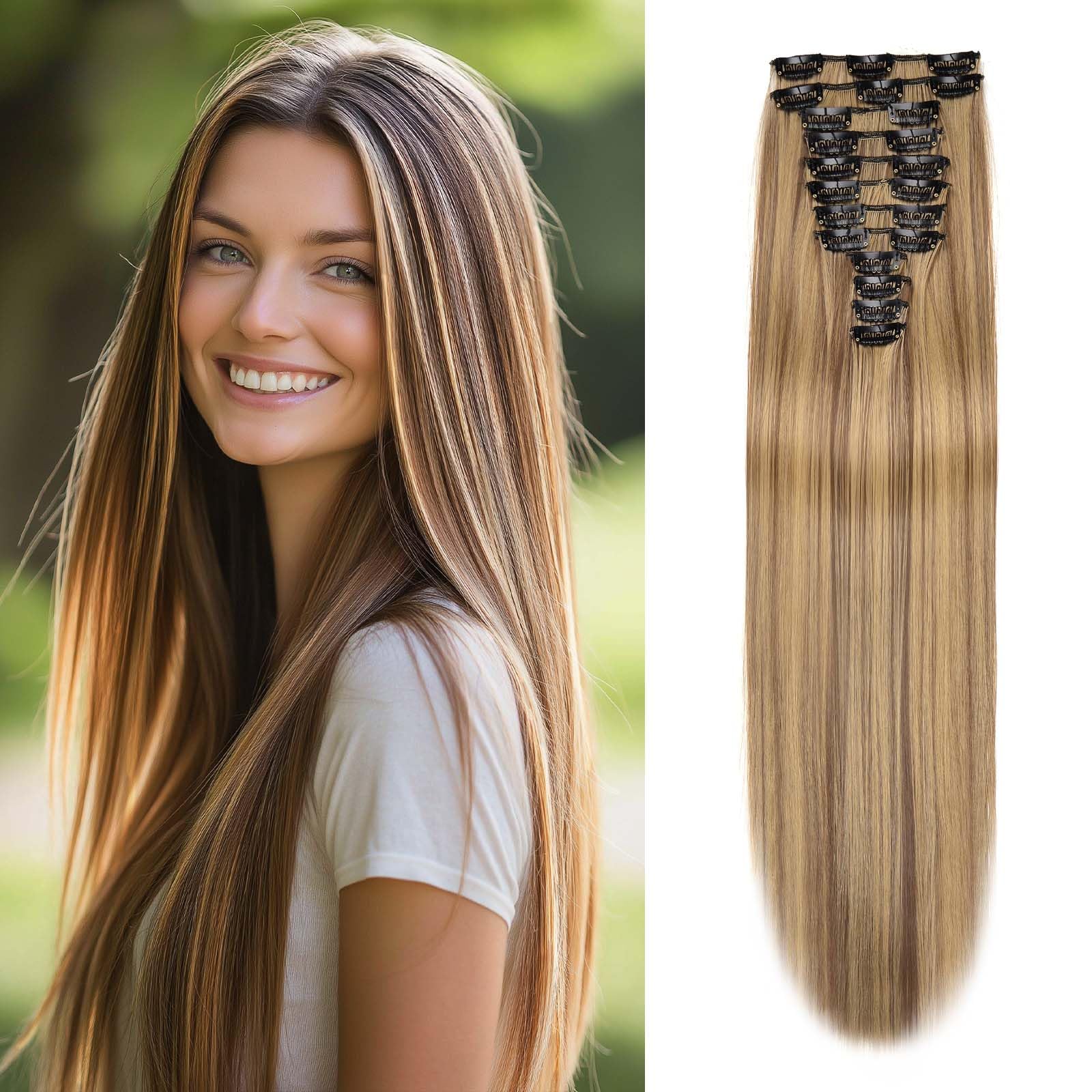 Hair Extensions Clip In 22 Inch Long Straight Clip in Hair Extensions Light Blonde with Golden Highlights Synthetic Fiber 12 PCS 180g Hairpiece for Women