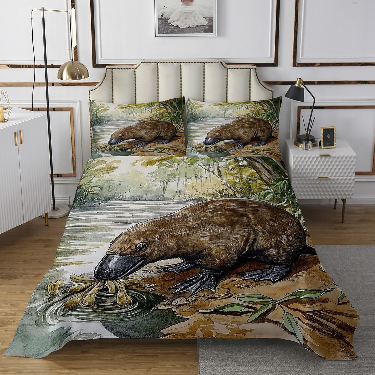 Erosebridal Kids Platypus Bedspread Set Cartoon Platypus King Quilt Set for Boys Girls Bedroom,Australian Animal Coverlet Set Woodland Wildlife Bedding Set 2 Pillow Cases