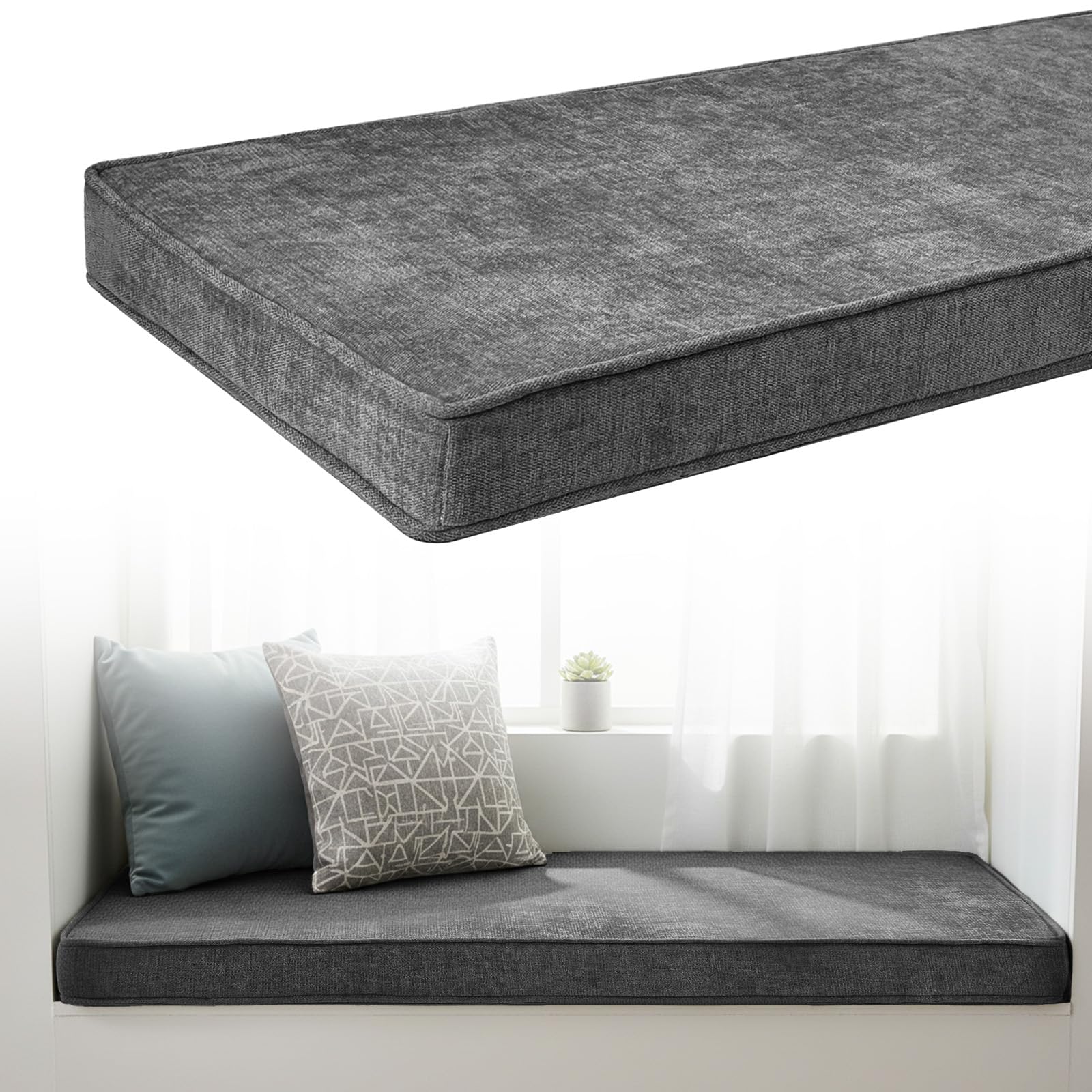 Chenille Bench Cushion 5cm Thick, Anti-Slip Bay Window Seat Pad 170x55x5cm