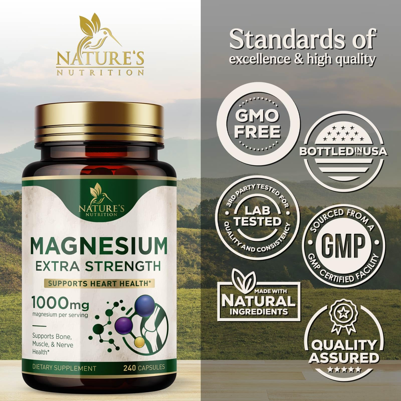 Magnesium Supplement (Citrate Oxide) 1000mg for Best Absorption, Supports Bone, Heart Health, Nerves, Muscles & Metabolism, Nature's Pure Magnesio Vitamin Pills, Bottled in USA, 240 Capsules
