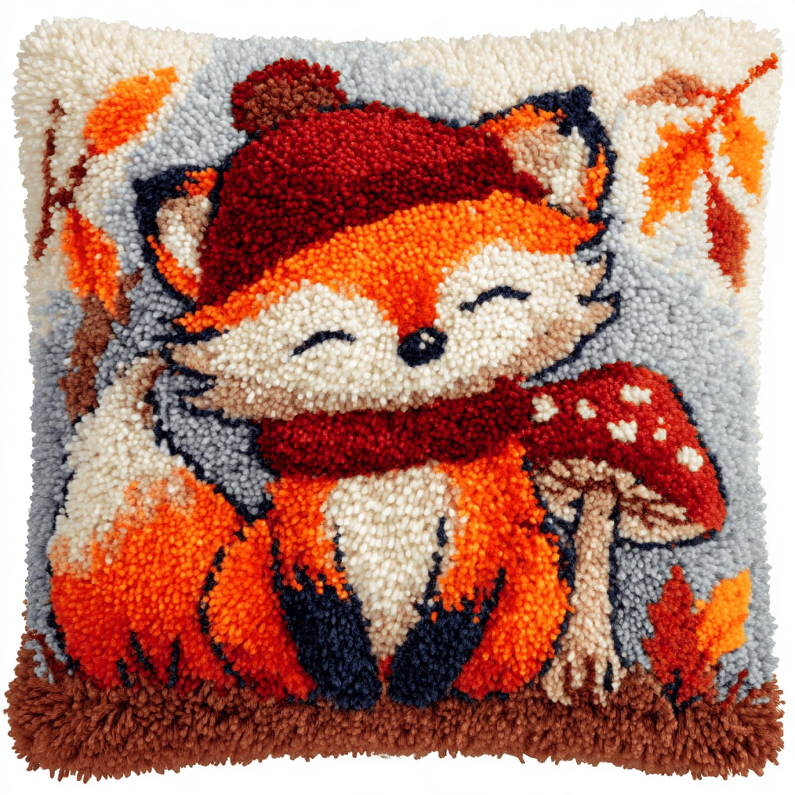 kitphoenix Latch Hook Cushion Making Kit 43x43 cm,Animal Fox,DIY Embroidery Cushion Craft Kit with Colour Printed Canvas,Pre-Cut Yarn,Crochet Hook and Instructions for Beginners and Adults