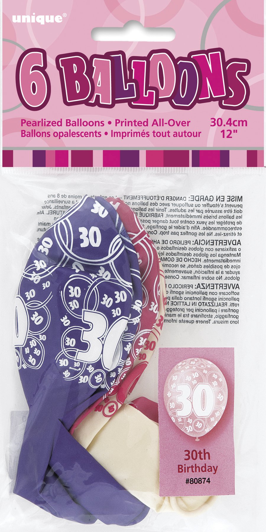 Unique Party 80874 - 12" Latex Glitz Pink 30th Birthday Balloons, Pack of 6 — view 3