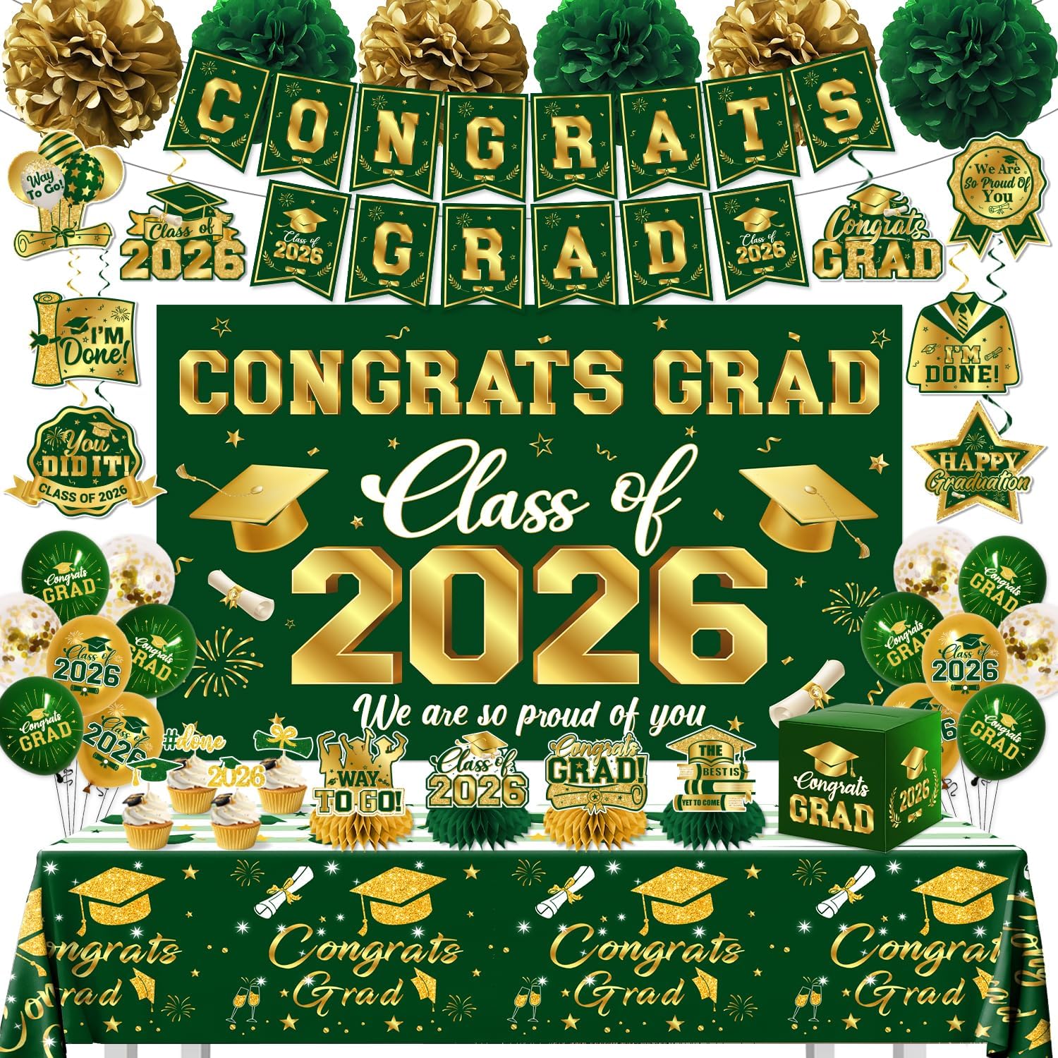 Graduation Decorations 2026 Green and Gold Class of 2026 Banner Congrats Grad Backdrop Tablecloth Balloons Hanging Swirls Honeycombs Cupcake Toppers Box Pompoms for Graduation Party Decor Supplies