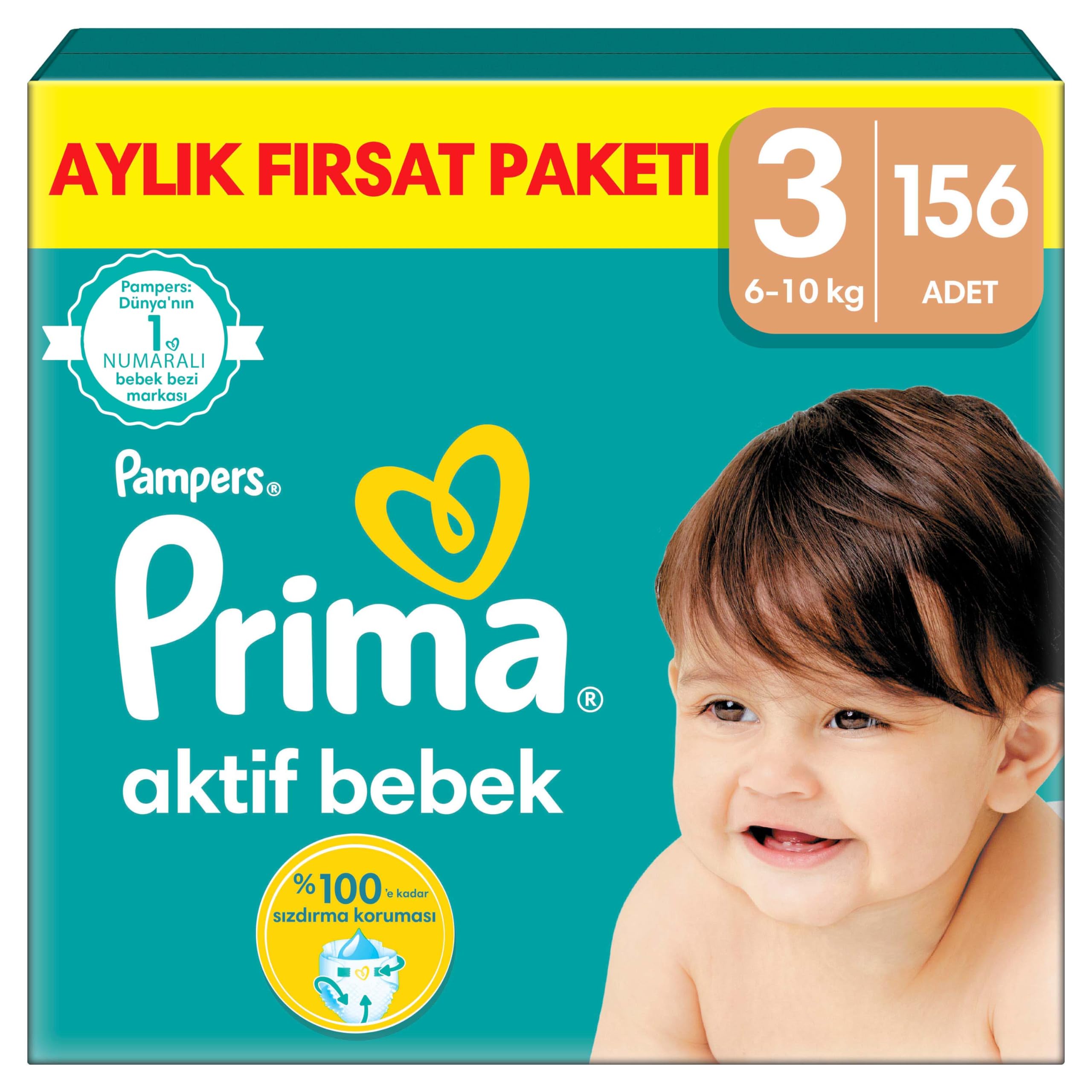 Prima Aktif Bebek, Bebek Bezi 3 Numara, 156 Adet Aylık Fırsat Paketi