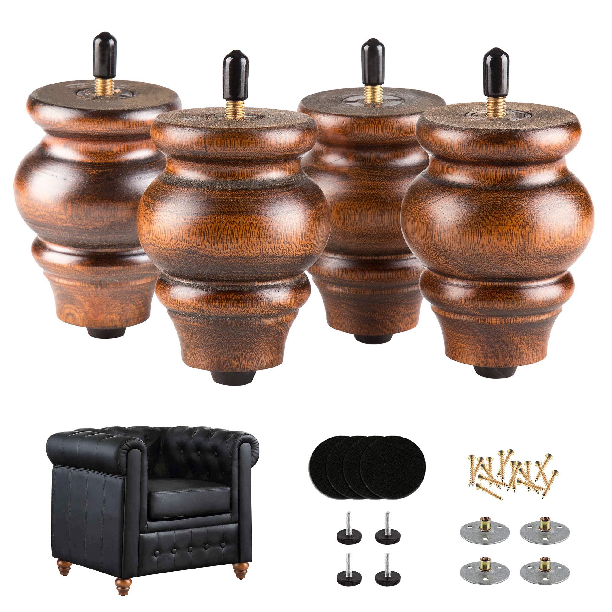 ALAMHI Wood Furniture Legs 3.5 Inch, Gourd Shape Couch Legs Set of 4