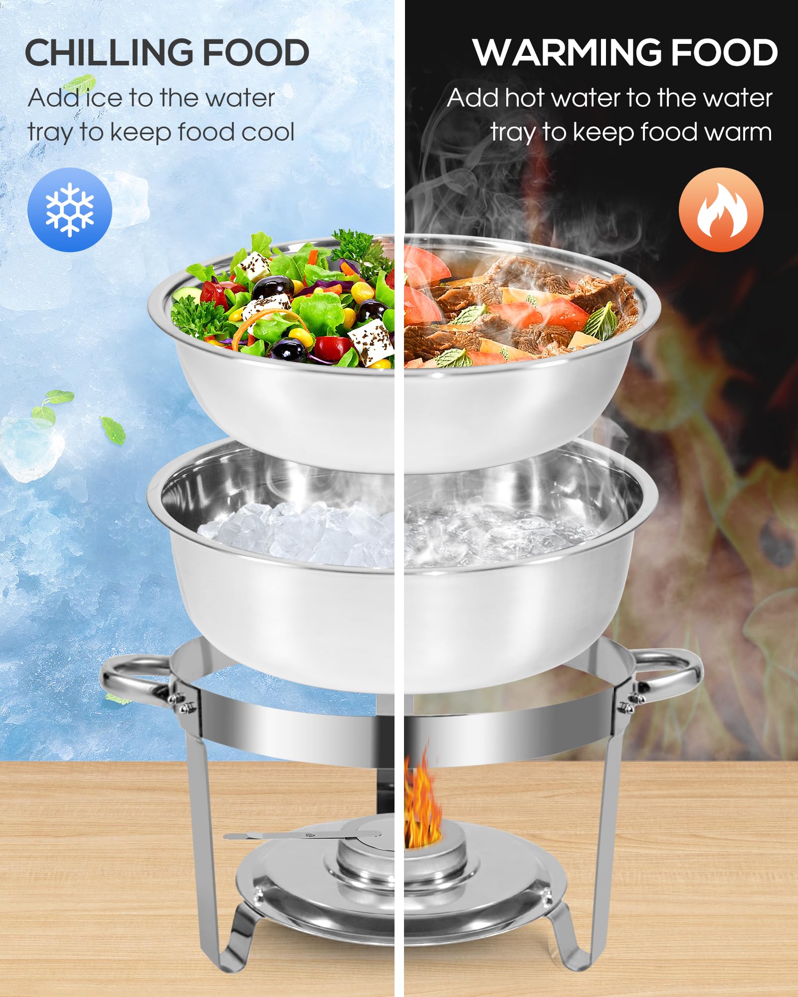 Chafing Dish Buffet Set 5L, Set Buffet da 2 pezzi in Acciaio Inossidabile, Contenitori per Mantenere Caldo, Rotondo Scaldavivande per Servire per Catering Ristoranti Feste Matrimoni (Argento - 2 Set)