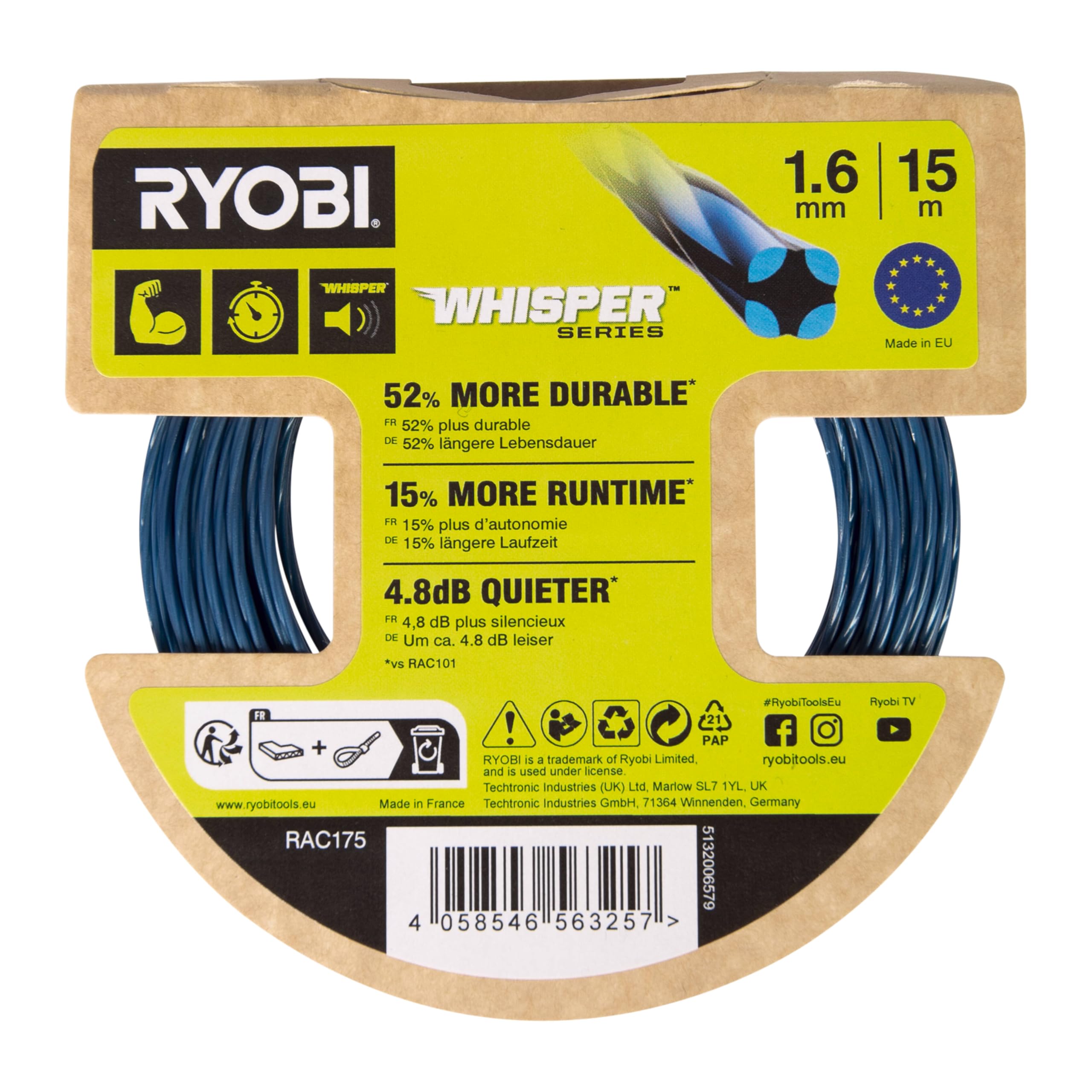 RYOBI - 15 m skręconego drutu Ø 1,6 mm - Uniwersalny dla wszystkich marek - idealny do cięć krawędziowych RYOBI - RAC175
