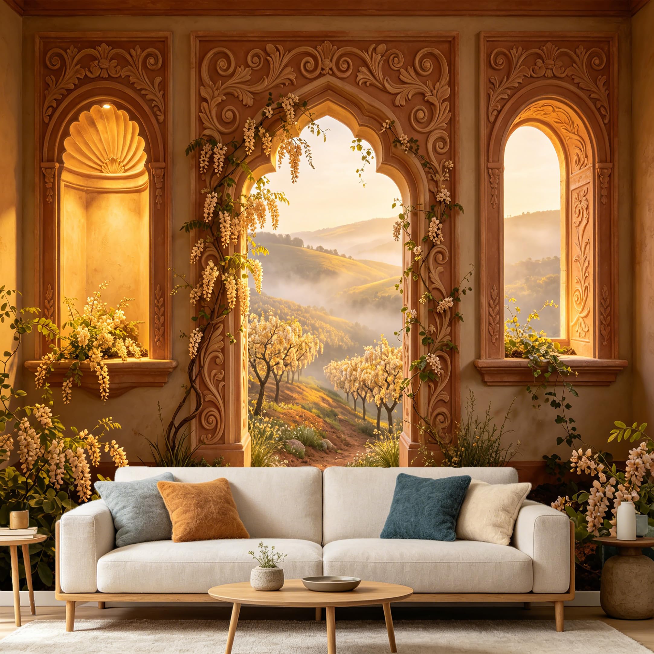 Custom Size Wall Mural， Mediterranean Archway Landscape Floral Garden View， SelfAdhesive Art Prints wall Fabric Removable Large Wallpaper Home Living Room Decor