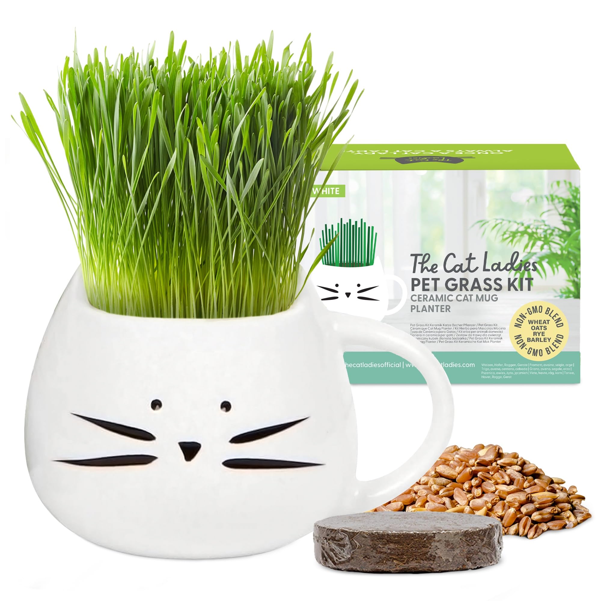 The Cat Ladies Cat Grass Mug Kit - Catgrass Seed for Indoor Cats - Catnip Plant Seeds, Soil, and Cat Mug Planter Accessories - Grow Kitten Cat Nip Plants - Cat Lovers Gift - White