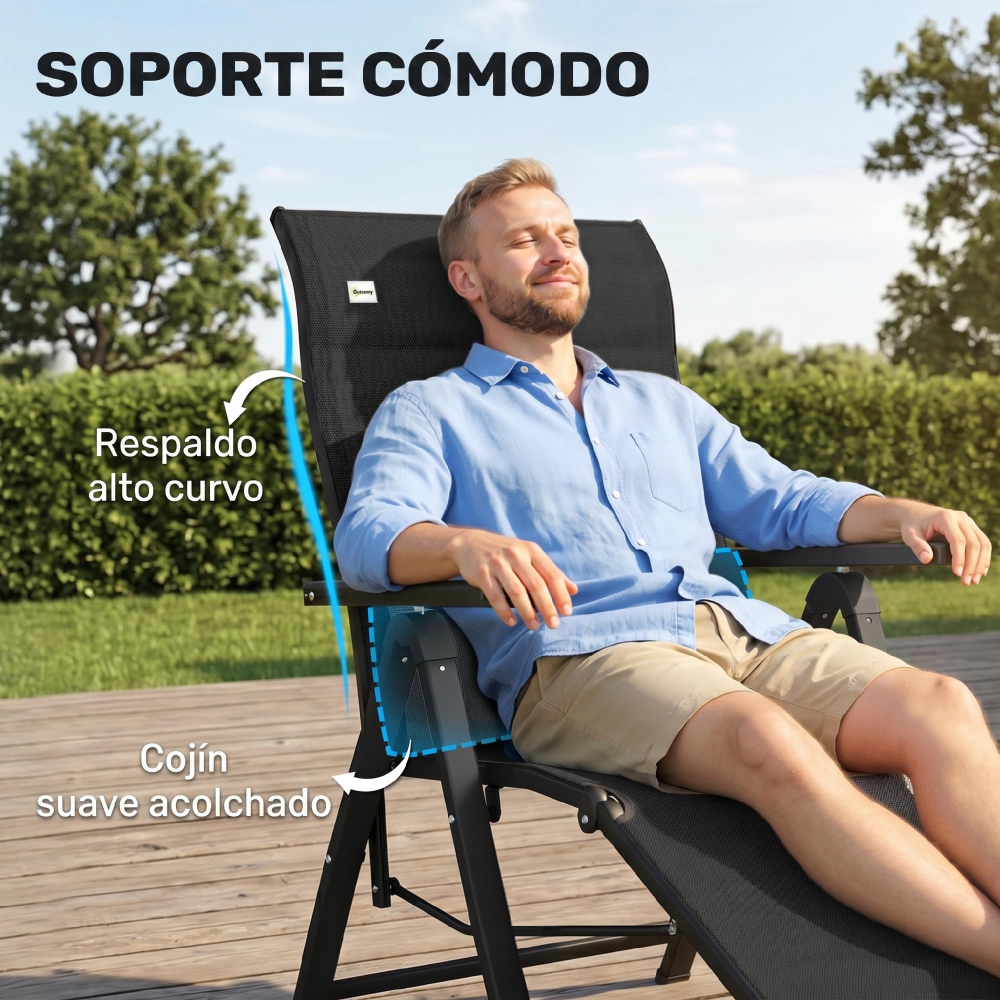 Outsunny Silla Reclinable Plegable de Jardín 9 Posiciones 150 kg Negro | Respaldo Ajustable, Cojín Lumbar, Estructura de Acero y Textilene Transpirable