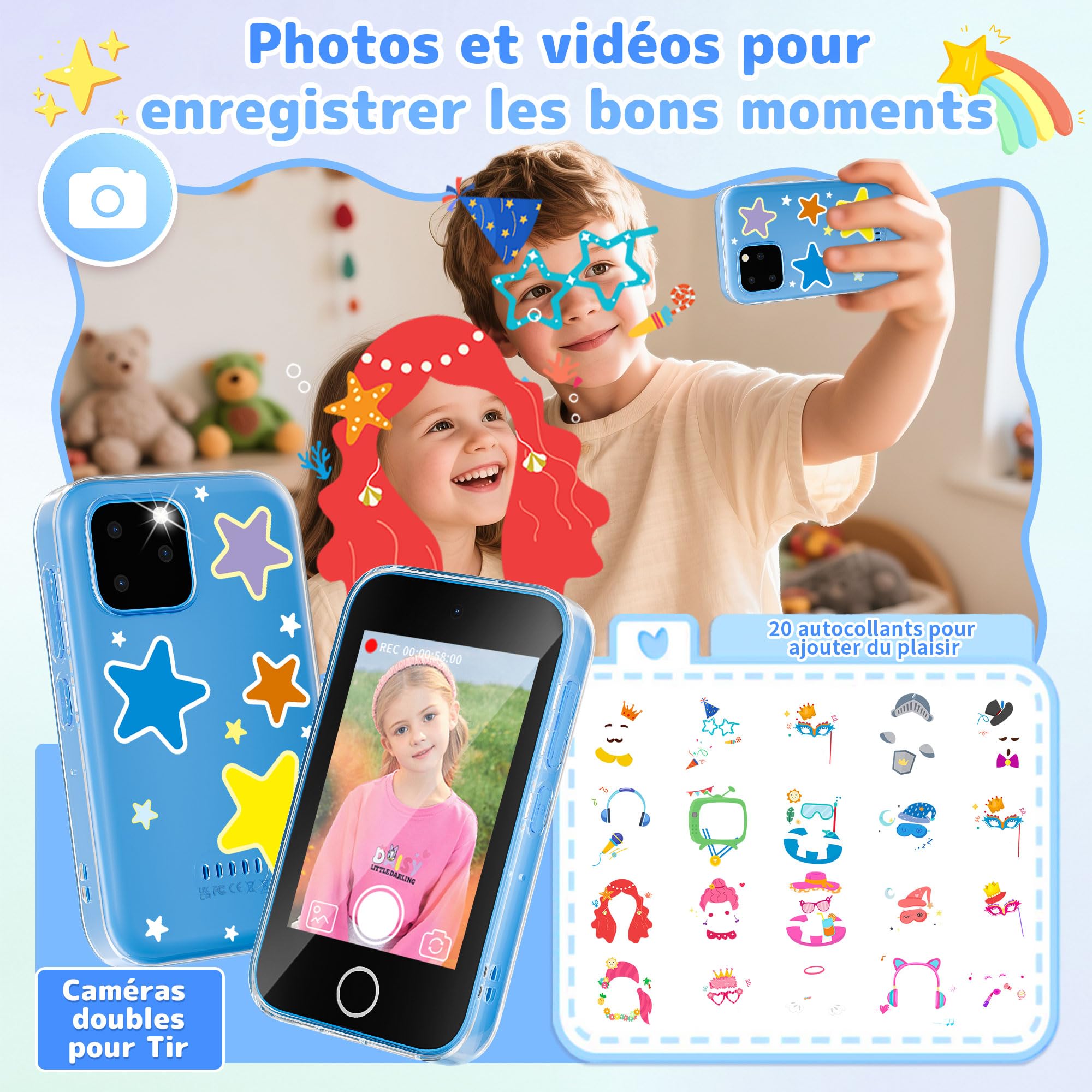 Telephone Portable pour Enfant, Smartphone pour Enfants|Écran Tactile 3,5 Pouces, Conception protégeant Les Yeux|Jeux éducatifs|Cadeau pour Filles et garçons âgés de 3,4,5,6, 7,8,9,10,11,12 Ans, Bleu