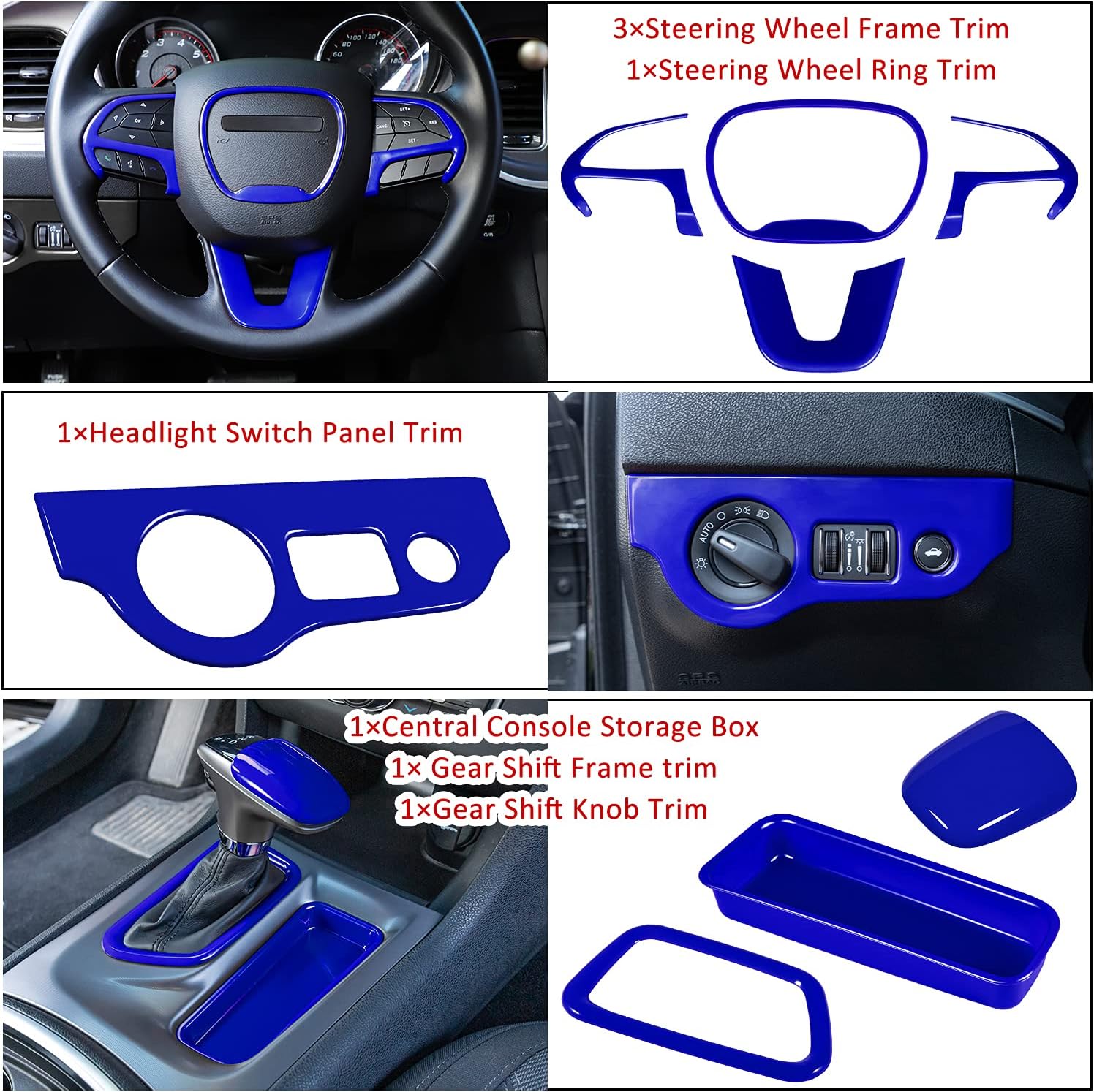 LAIKOU 20PCS Full Set Interior Accessories Trim Kit fit for Dodge Charger 2015-2024 | Headlight Window Lift Control Switches Gear Shift Cup Holder Air Conditioning Vent Outlets Covers (Blue)