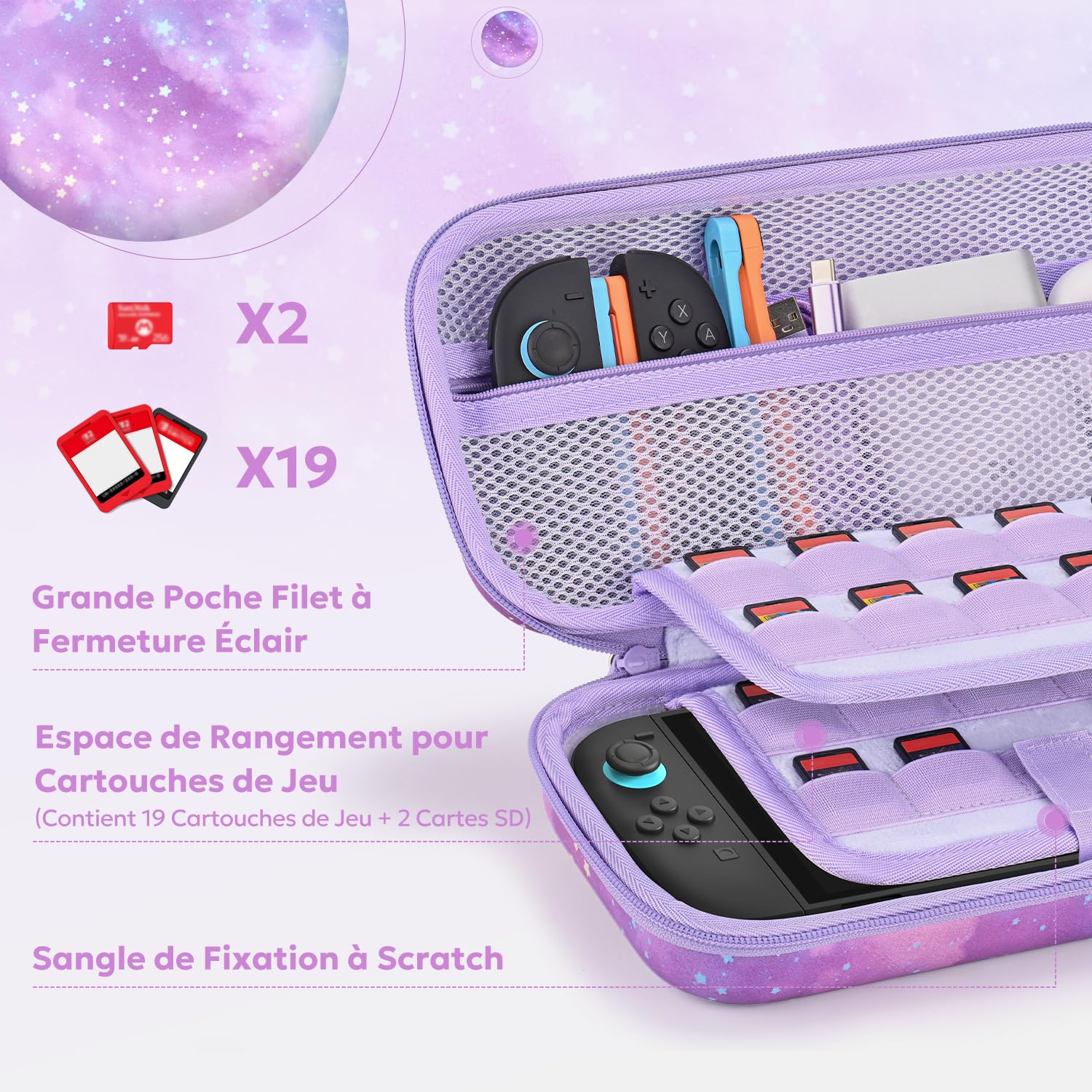 innoAura Étui Switch 2, Étui PU Résistant aux Éclaboussures et Chocs pour Switch 2, Poche Maille Extra-Large, Double Fermeture Éclair, Emplacement AirTag (Non Inclus), Violet Galaxy