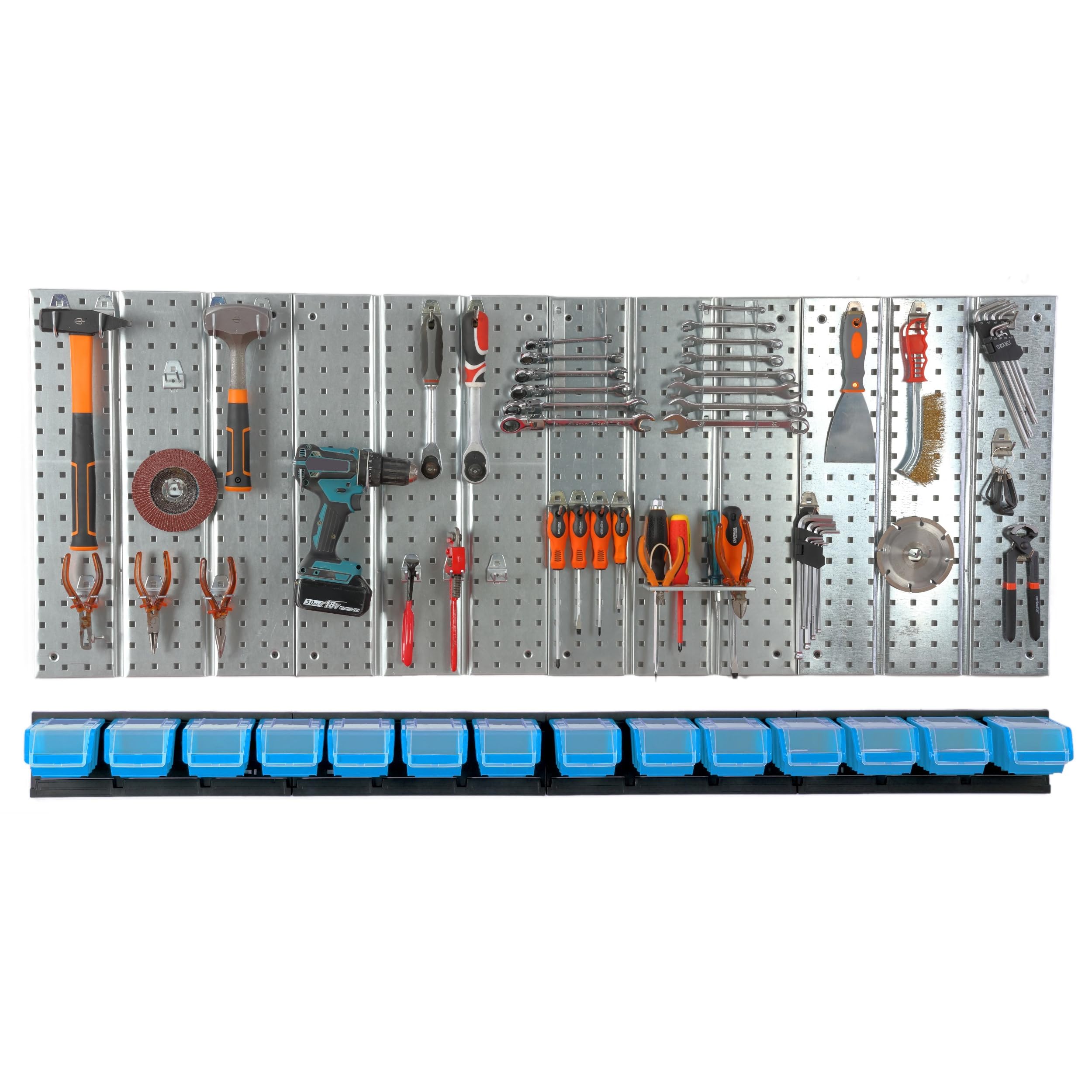 Panel de herramientas de metal 156 x 72 cm, sistema de almacenamiento con portaherramientas, ganchos para herramientas y 14 cajas apilables, 100 x 150 x 70 mm, color: azul, tablero perforado para