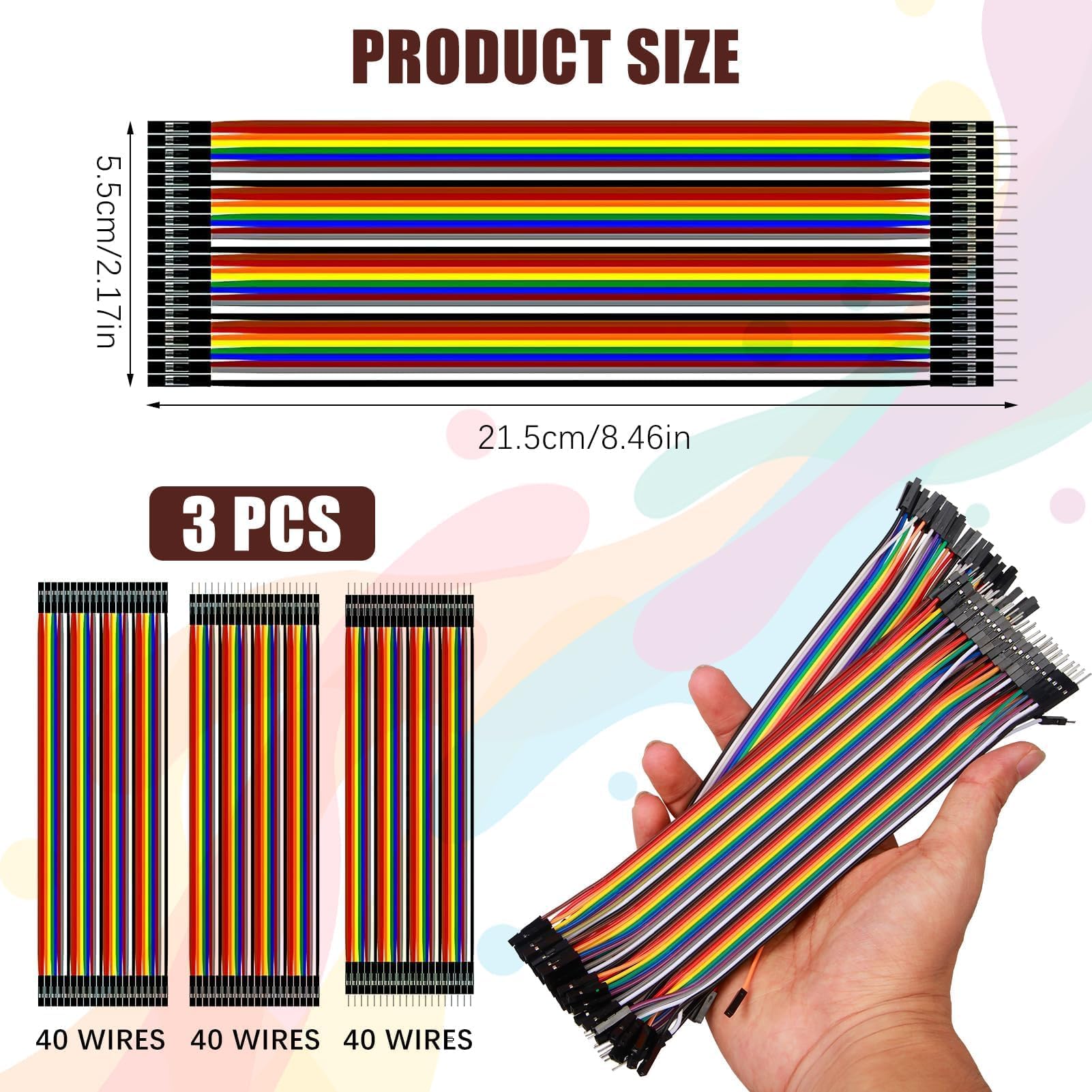 120 pezzi Cavetti Jumper Filo Dupont Multicolore Wire, 20cm, 40 pezzi M-F, 40 pezzi M-M, 40 pezzi F-F, Cavi 28AWG per Arduino e Breadboard