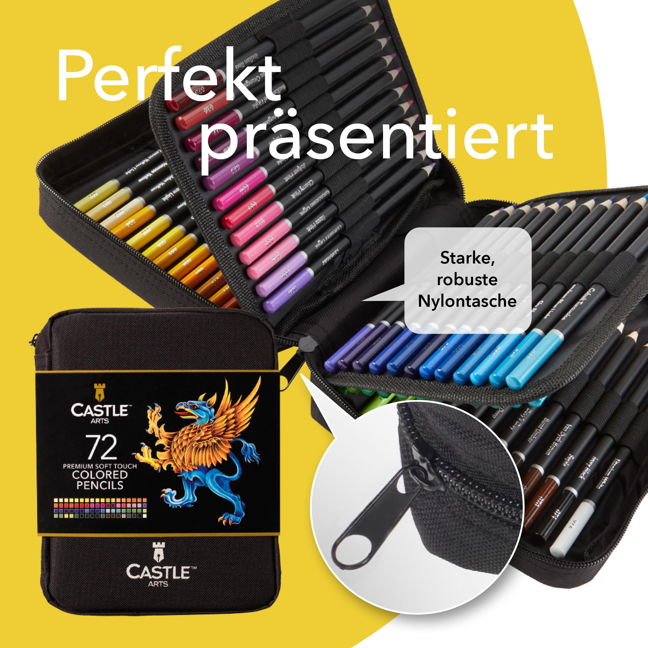 Castle Art Supplies 72 Buntstifte Set | Hochwertige Farbminen mit weichem Kern für erfahrene Künstler, Profi- und Farbkünstler | In übersichtlichem, robustem Reißverschlussetui