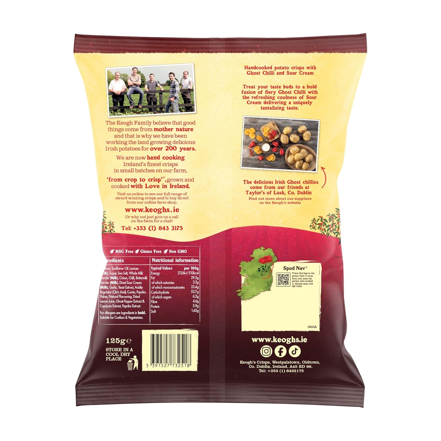 Keogh's Ghost Chilli and Sour Cream Irish Potato Crisps, Handcooked, Gluten Free, 4.4 oz, 3 Pack