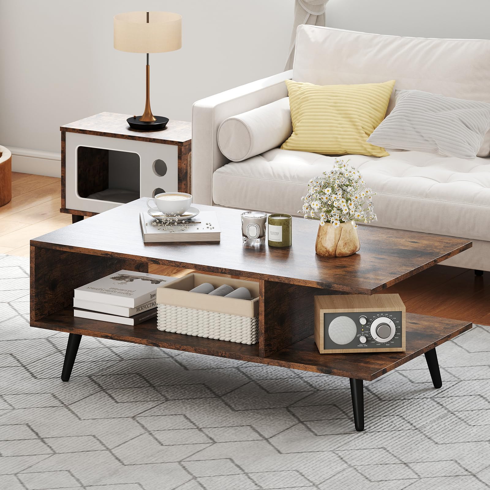 LIFEZEAL Tavolino Salotto, Tavolino Basso da Caffè, da Divano, a 2 Ripiani, con 2 Scomparti Aperti, Gambe in Metallo, Moderno, per Soggiorno, Montaggio Semplice, 80x45x30cm, Max 80kg (marrone)