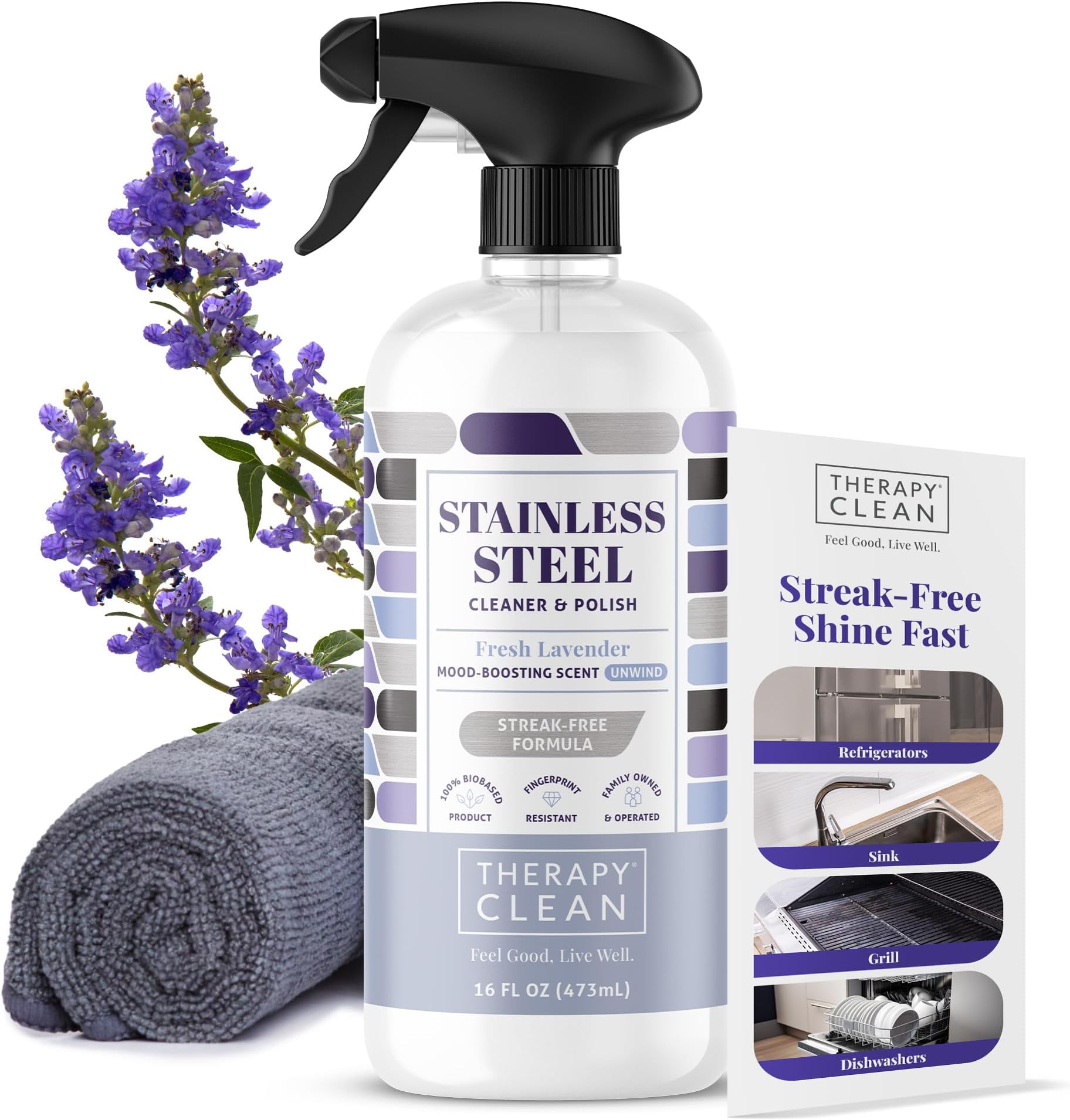 Stainless Steel Cleaner and Polish 100% USDA Biobased, Fingerprint and Residue Remover, Lavender Essential Oil Scent, Sink Cleaner, Grill Spray
