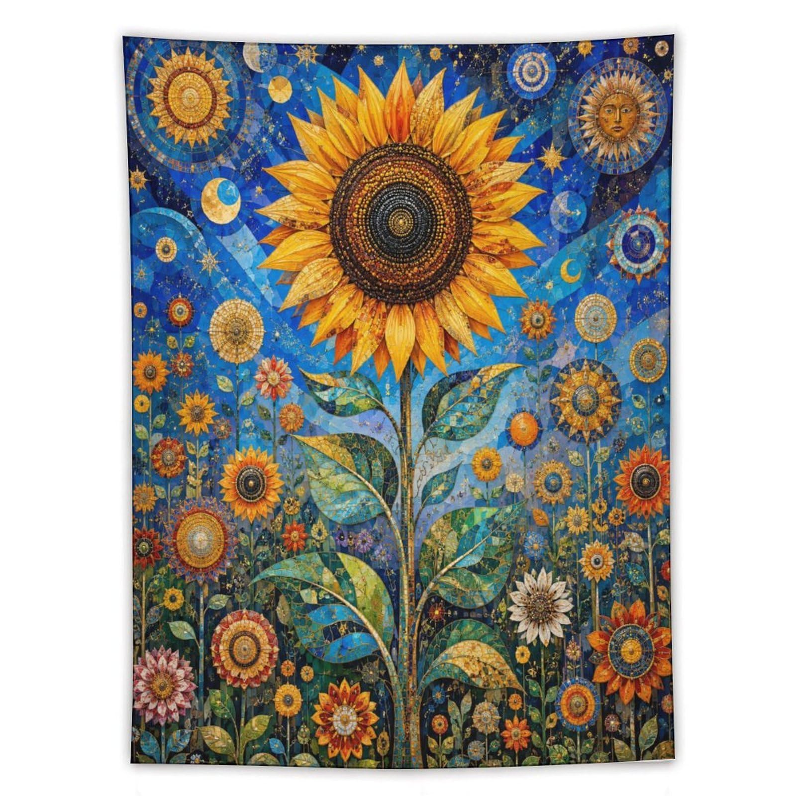 W7C8U2X3 Stained Glass Sunflower Wall Tapestry, Mosaic Style, Entryway