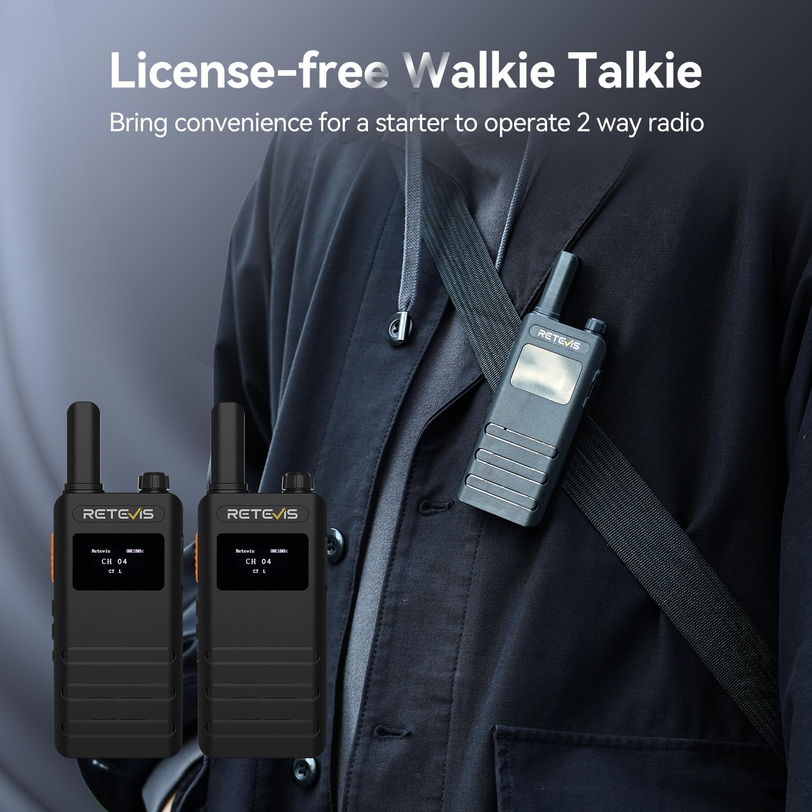 Retevis B63S Walkie Talkie Dla Dorosłych, Dwukierunkowe Radio PMR446 Slim ze Słuchawką, Ekranem LCD, VOX, USB C, 1620 mAh Możliwością Ładowania do Handlu Detalicznego, Restauracji (4 Szt, Czarne)