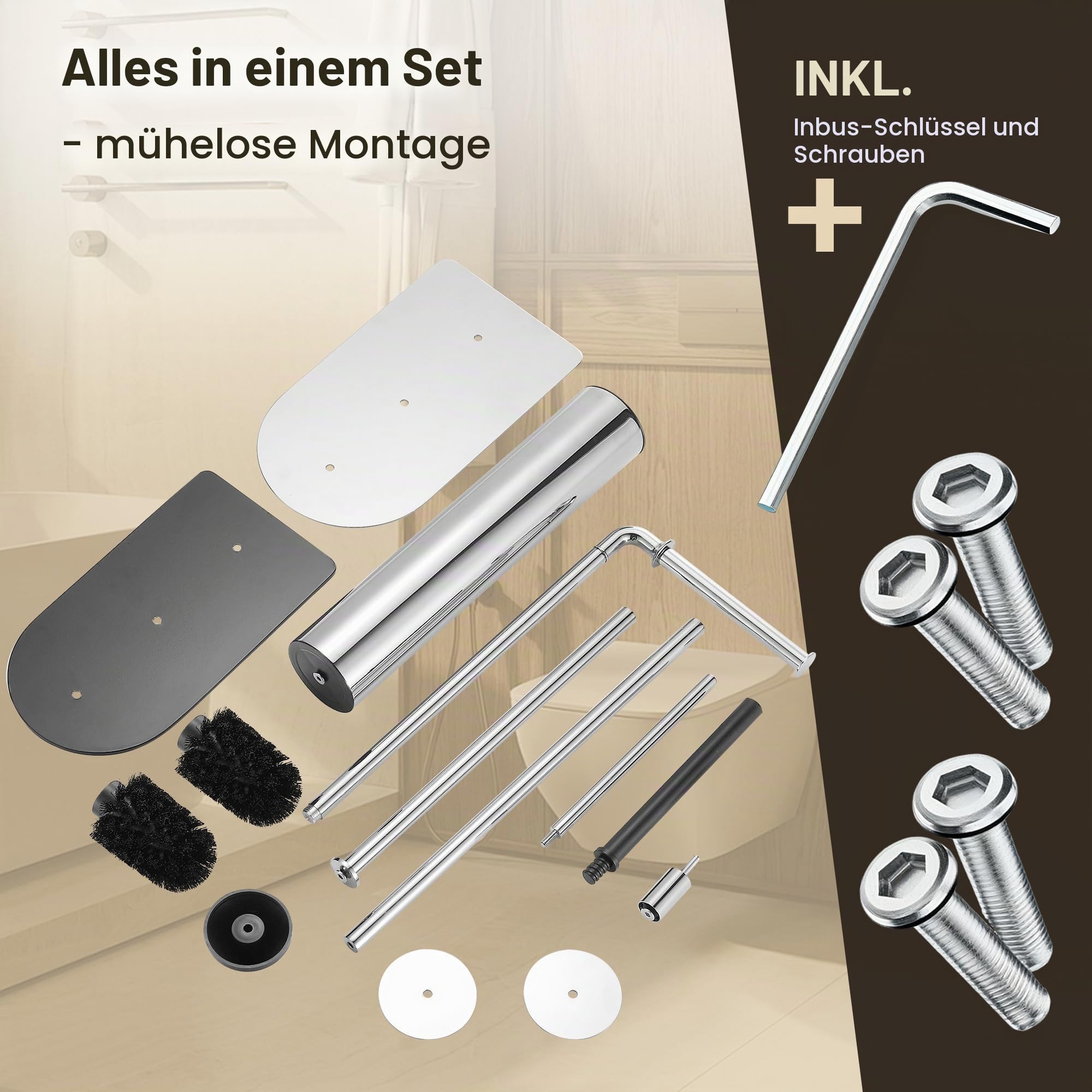 Toilettenpapierhalter mit WC Bürste und Aufbewahrung, freistehender klopapierhalter für Badezimmer und Gästetoiletten, schwarzer Wc garnitur aus Edelstahl rostfrei und ohne Bohren (Chrom)