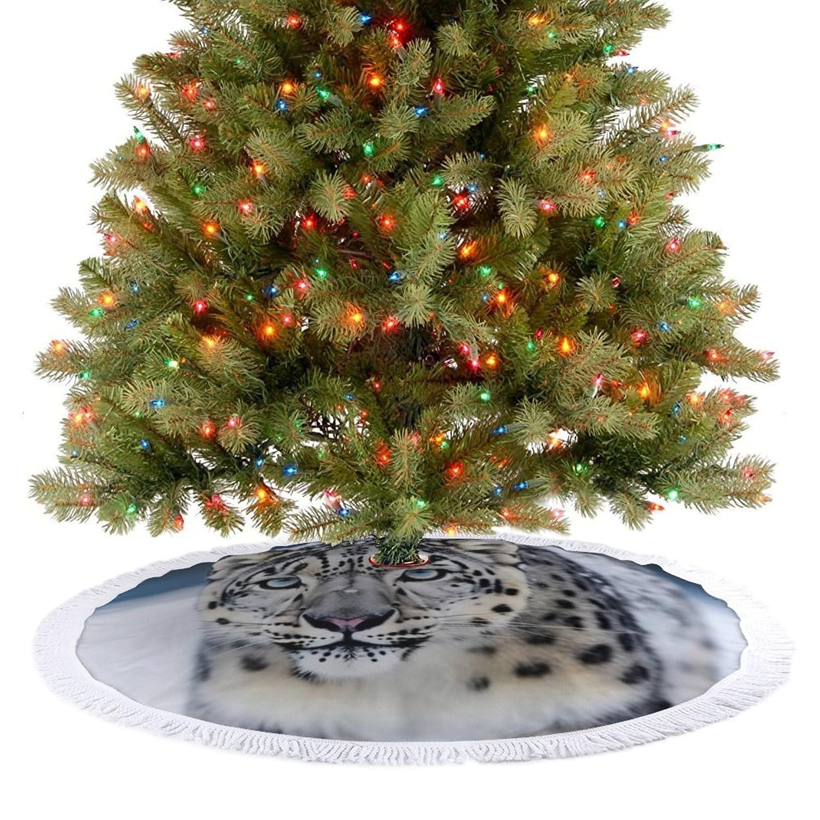 Blue Eyed Snow Leopard Christmas Tree Skirt 48"x48" Rustic Xmas Tree Mat with Tassel Ornament Christmas Trees Cover Skirt Mat for Evergreen Trees Ornament Winter Holiday Mats Decorations