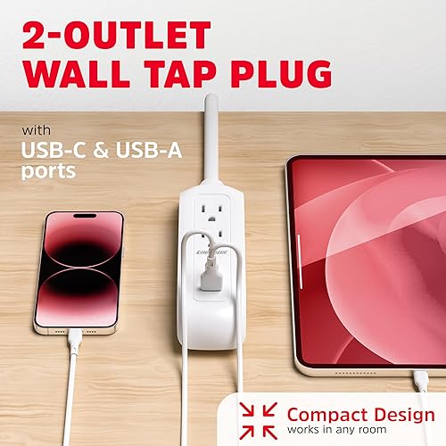 Miniatura 5 de Energizer 2 paquetes de 4 dispositivos de 3 pies de carga rápida con conexión a tierra, extensor de pared de enchufe múltiple (2) tomas de corriente