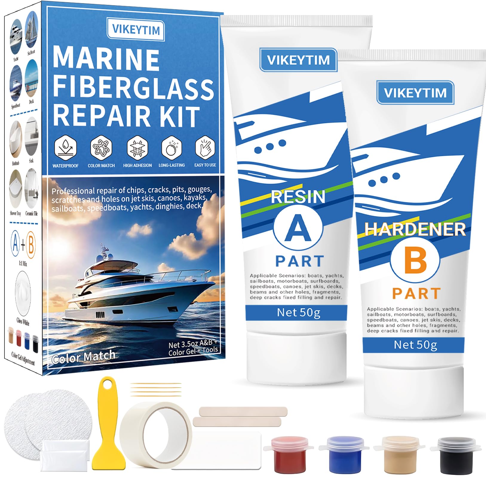 VIKEYTIM Marine Fiberglass Repair Kit (Color Match), 100g Gel Coat Repair Kit for Boats, Fiberglass Repair Fix Holes, Chips, Deep Cracks, Ceramic, Porcelain Fiberglass Filler