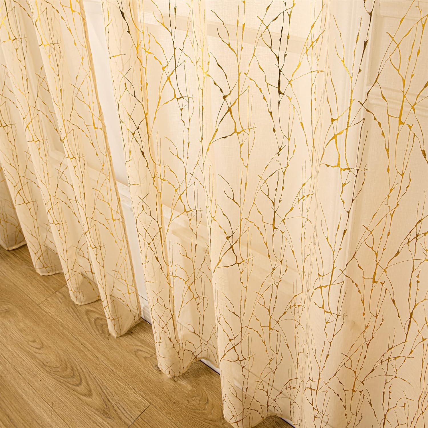 Deeprove Beige Sheer Curtains 84 inchs Long 2 Panels Set, Tree Branch Gold Foil Print Metallic for Bedroom Abstract Christmas Decor,Voile Window Treatment Drapes Pair, Rod Pocket, W52 x L 84"